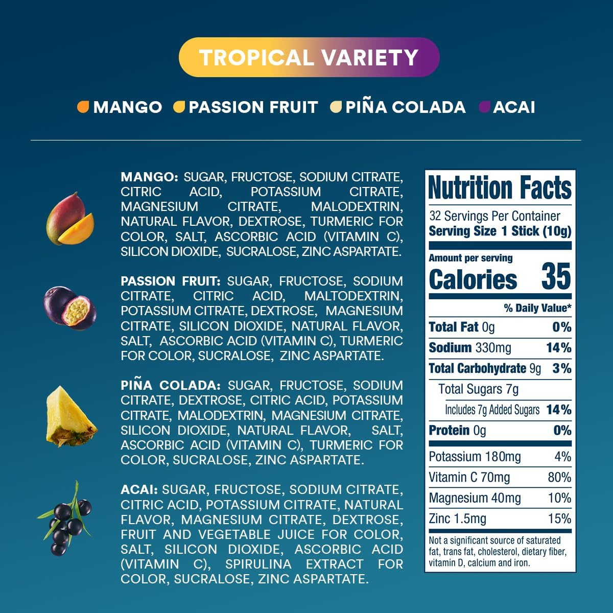DripDrop Hydration Tropical Variety Pack - Electrolyte Drink Mix Powder Packets - Mango, Açaí, Passion Fruit, Piña Colada - 32 Sticks, Non-GMO, Gluten Free, Vegan