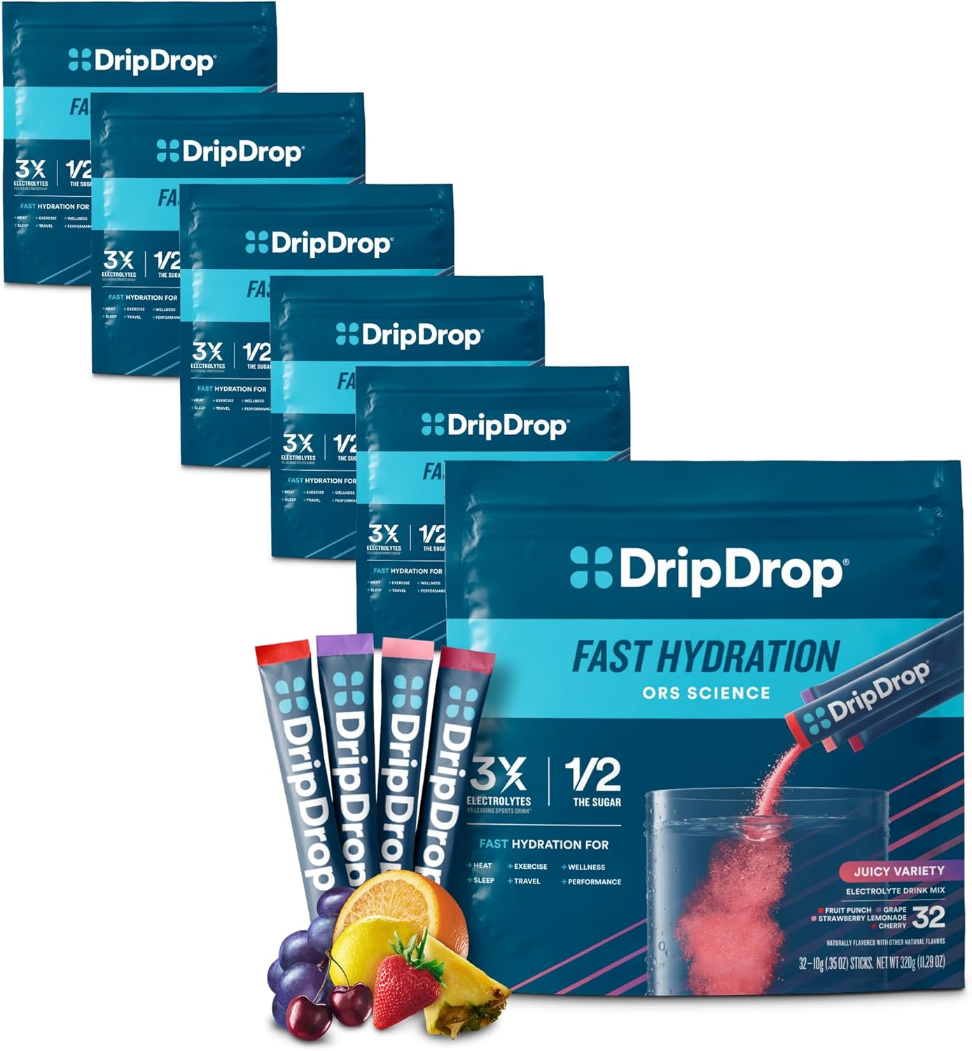 DripDrop Hydration Variety Pack - Electrolyte Drink Mix Powder Packets - Grape, Fruit Punch, Strawberry Lemonade, Cherry Flavors - Non-GMO, Gluten Free, Vegan - 192 Sticks