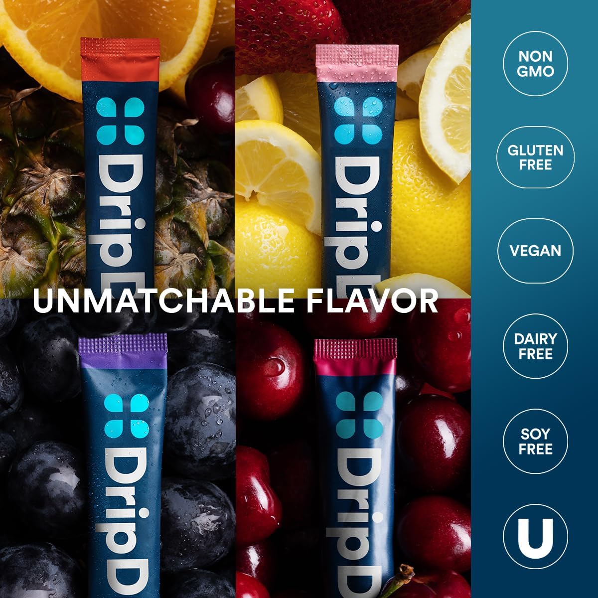 DripDrop Hydration Variety Pack - Electrolyte Drink Mix Powder Packets - Grape, Fruit Punch, Strawberry Lemonade, Cherry Flavors - Non-GMO, Gluten Free, Vegan - 192 Sticks