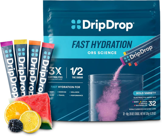 DripDrop Hydration Variety Pack: Electrolyte Drink Mix Powder Packets - Watermelon, Berry, Lemon, Orange - 32 Sticks, Non-GMO, Gluten Free, Vegan