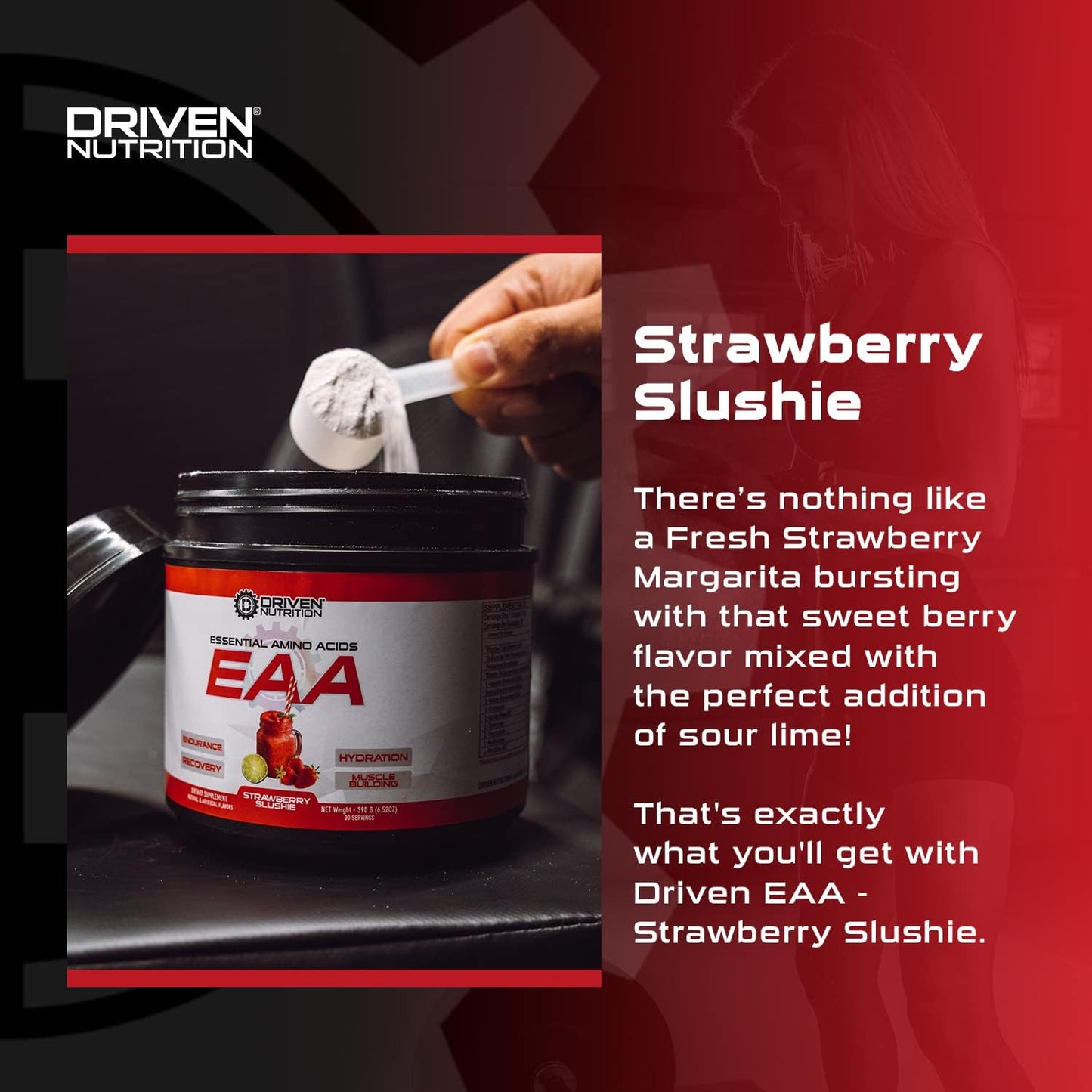 Driven Nutrition EAA Essential Amino Acid & Hydration Supplement - Full Spectrum BCAA Protein Blend for Muscle Repair & Growth - Strawberry Slushie, 30 Servings
