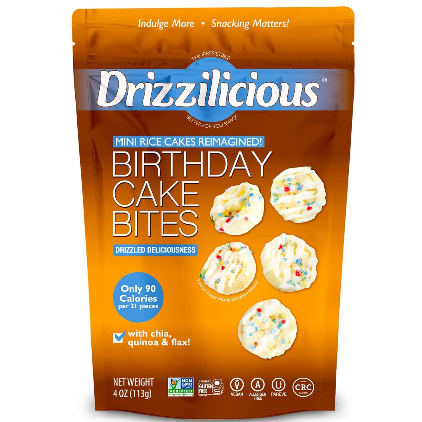 Drizzilicious Birthday Cake Mini Rice Cakes - Healthy Snack for Adults & Kids, Flavored Rice Crisps, Vegan & Gluten-Free - 4 oz (Pack of 6)