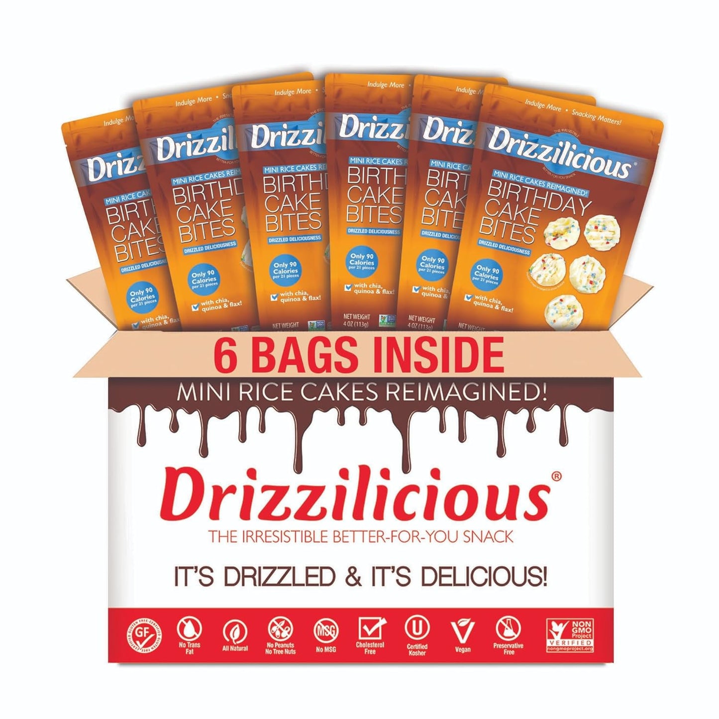 Drizzilicious Birthday Cake Mini Rice Cakes - Healthy Snack for Adults & Kids, Flavored Rice Crisps, Vegan & Gluten-Free - 4 oz (Pack of 6)
