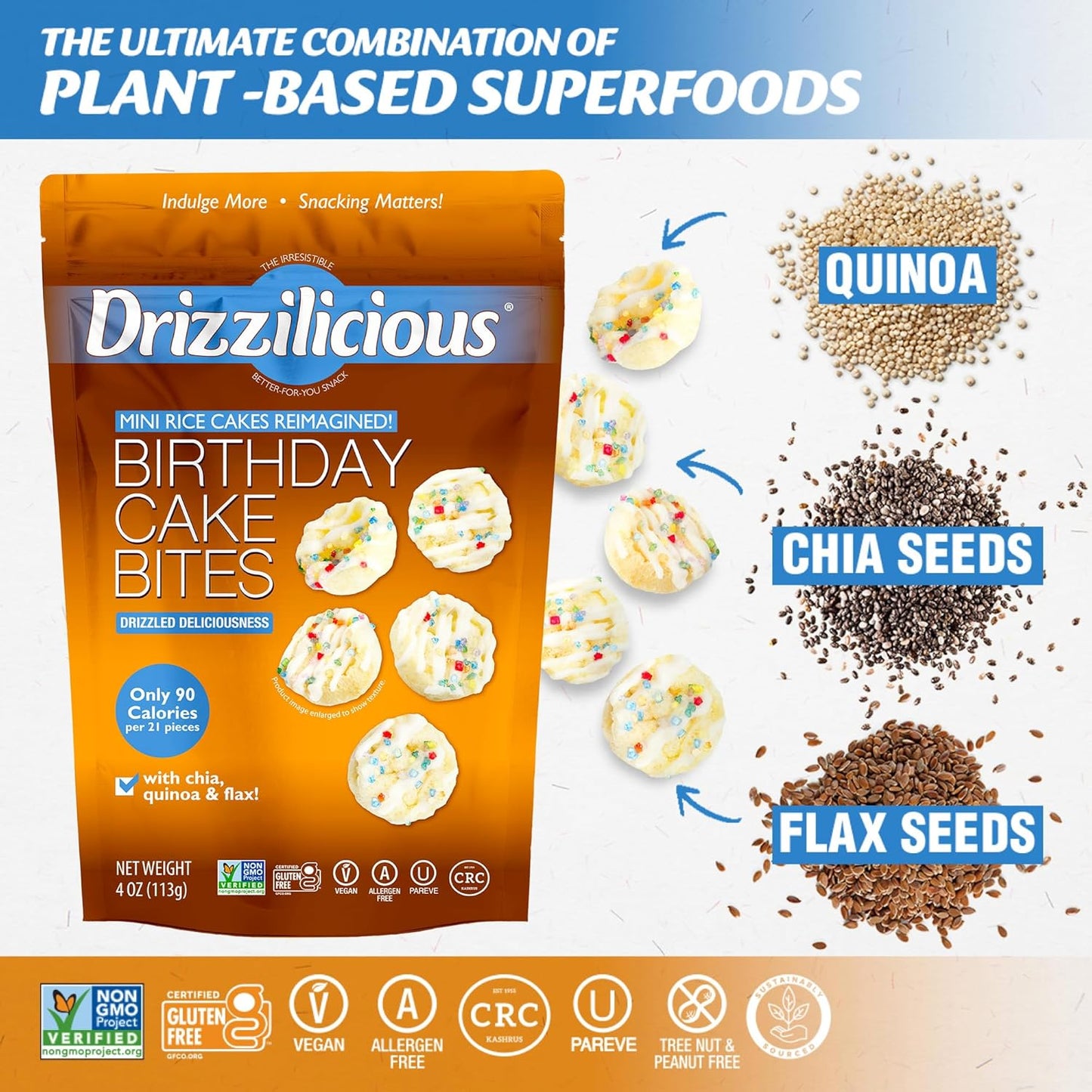 Drizzilicious Birthday Cake Mini Rice Cakes - Healthy Snack for Adults & Kids, Flavored Rice Crisps, Vegan & Gluten-Free - 4 oz (Pack of 6)