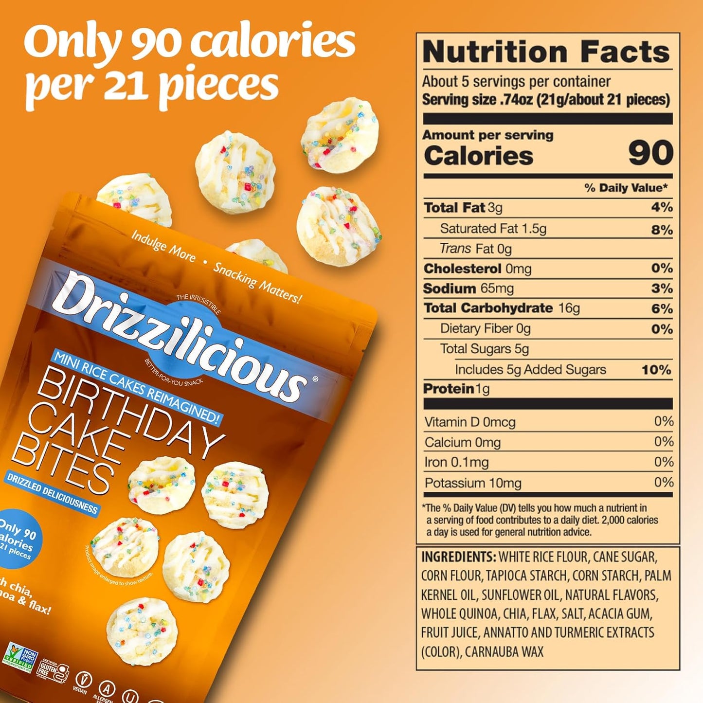 Drizzilicious Birthday Cake Mini Rice Cakes - Healthy Snack for Adults & Kids, Flavored Rice Crisps, Vegan & Gluten-Free - 4 oz (Pack of 6)