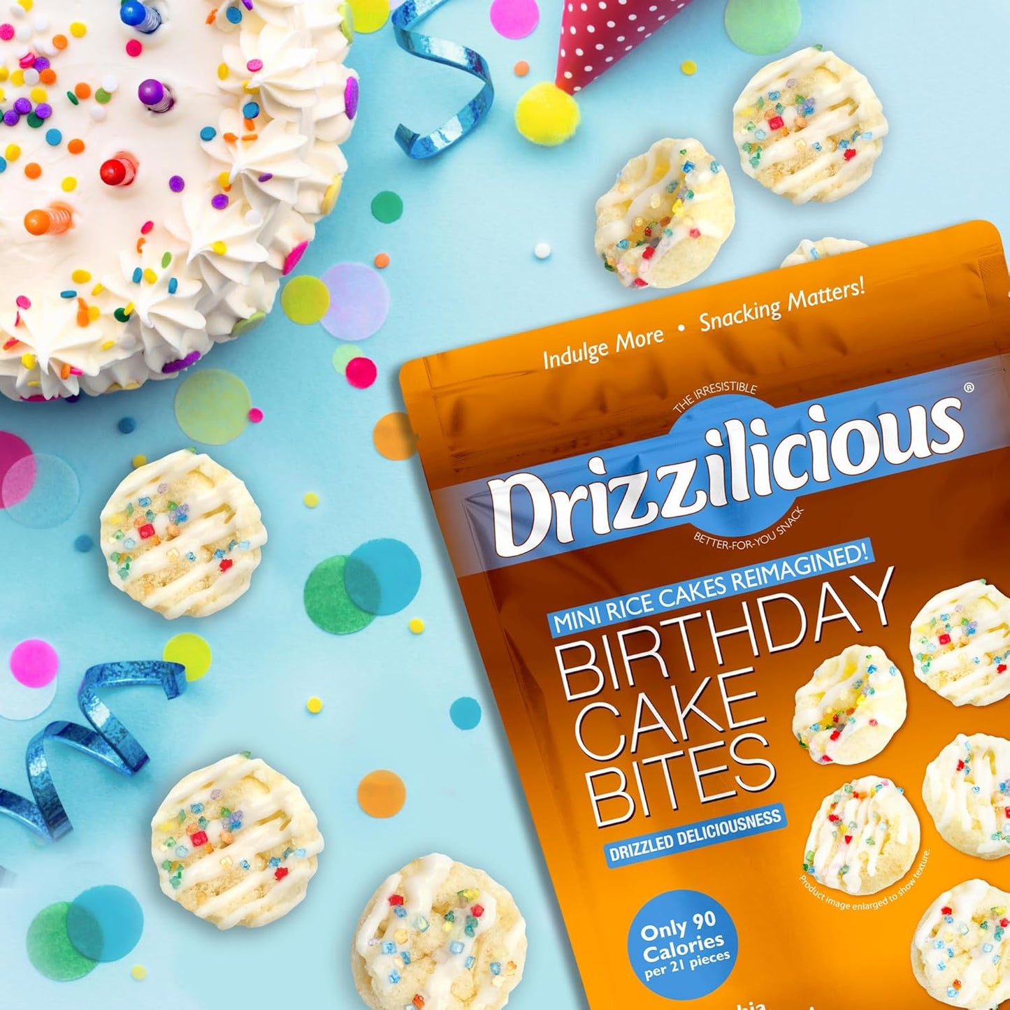 Drizzilicious Birthday Cake Mini Rice Cakes - Healthy Snack for Adults & Kids, Flavored Rice Crisps, Vegan & Gluten-Free - 4 oz (Pack of 6)