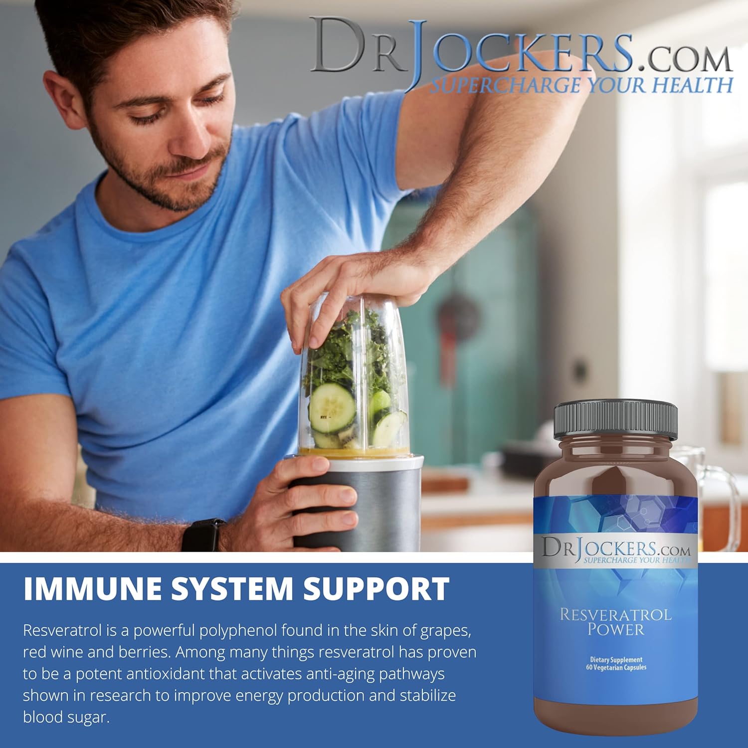 DrJockers.com Resveratrol Power with Immune Support and Anti-Aging Benefits - Skin Health Supplement with Trans Resveratrol - 200mg, 60 Capsules