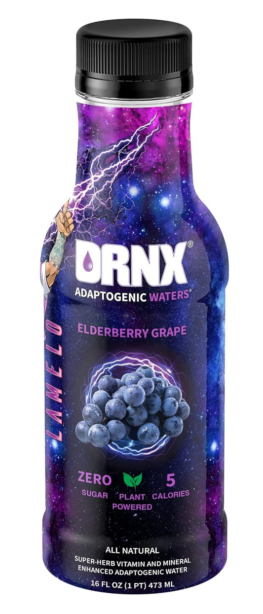 DRNX 12 Pack Elderberry Grape Adaptogenic Waters - Zero Sugar, 5 Calories - Super Herbs, B & D Vitamins - Antioxidants - Keto Friendly - All Natural - Complete Hydration Enhanced Beverage