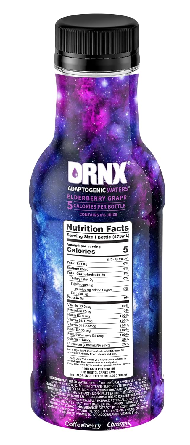 DRNX 12 Pack Elderberry Grape Adaptogenic Waters - Zero Sugar, 5 Calories - Super Herbs, B & D Vitamins - Antioxidants - Keto Friendly - All Natural - Complete Hydration Enhanced Beverage