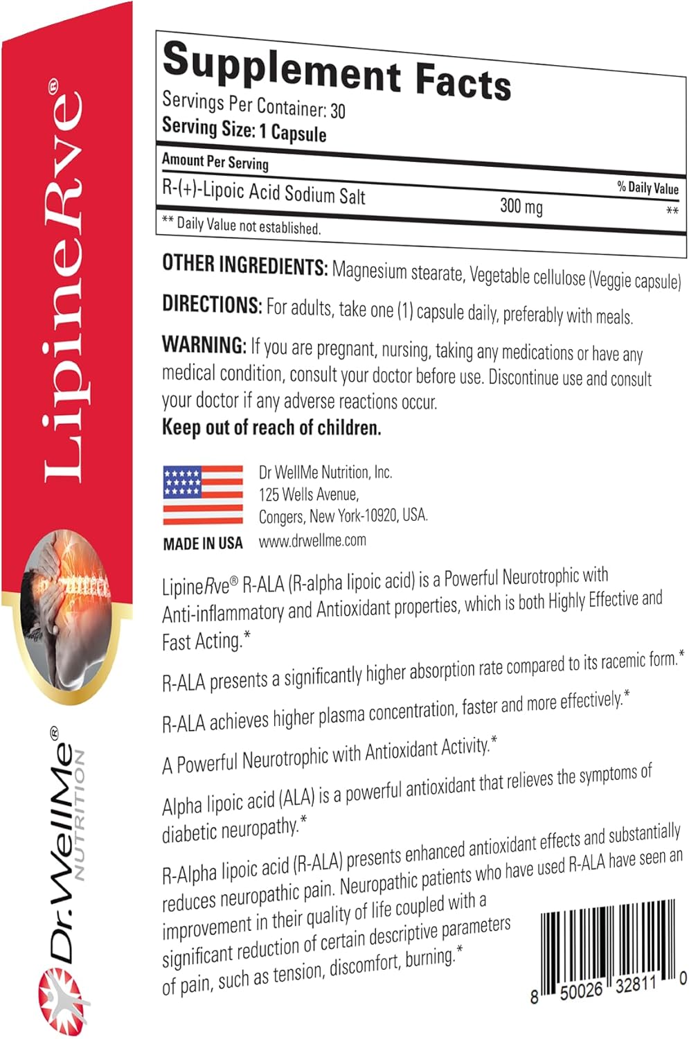 Dr.WellMe Lipinerve R Alpha Lipoic Acid Capsules - 300mg Antioxidant Supplement, Kosher & Halal - 30 Count USA-made
