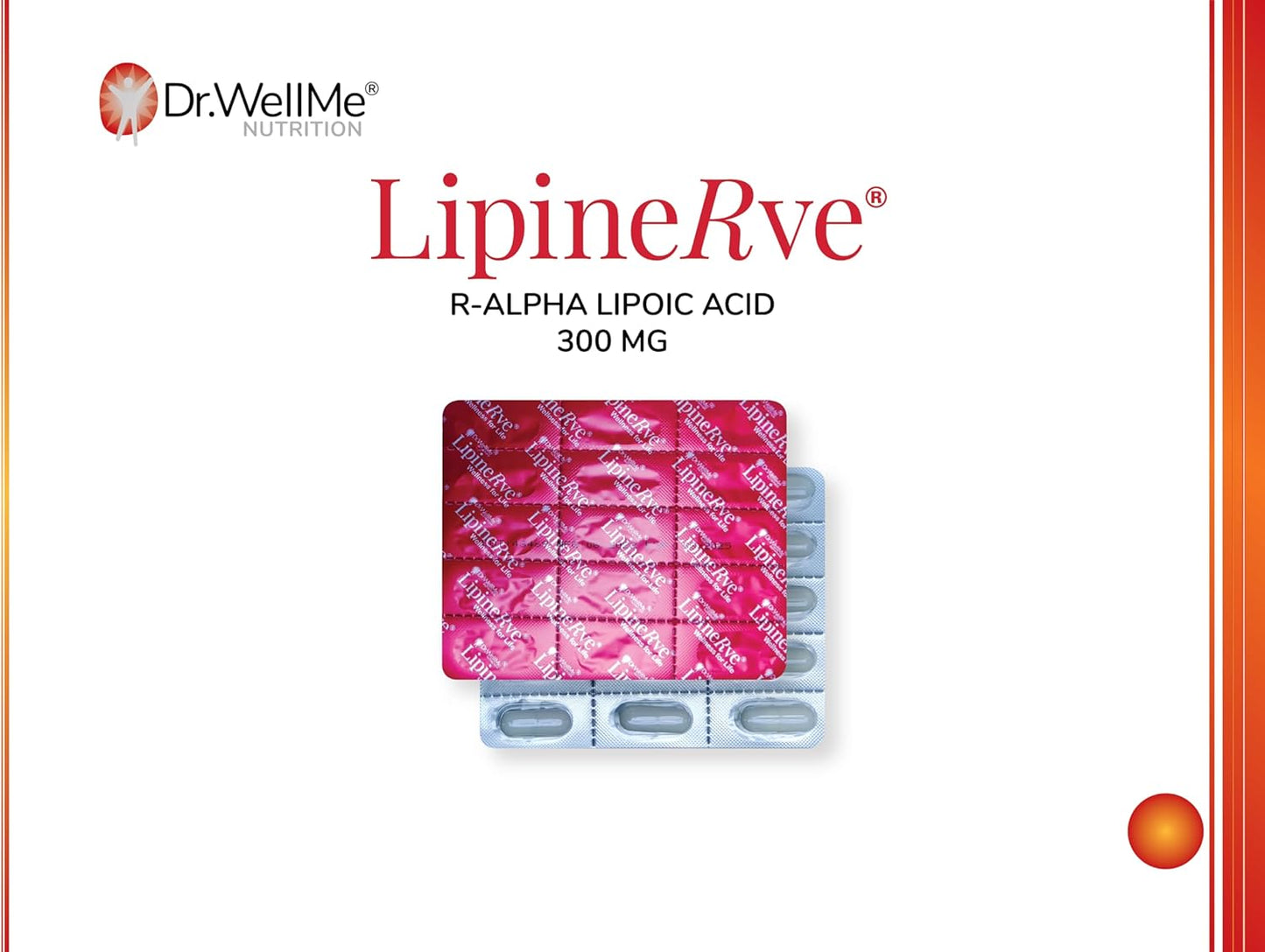 Dr.WellMe Lipinerve R Alpha Lipoic Acid Capsules - 300mg Antioxidant Supplement, Kosher & Halal - 30 Count USA-made