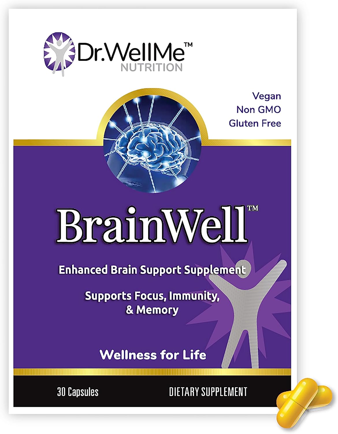 Dr.WellMe Nootropic Brain Booster Supplement with Turmeric & Ginkgo Biloba - Memory, Focus & Cognitive Health Support - Vegan Capsules (30 Count)