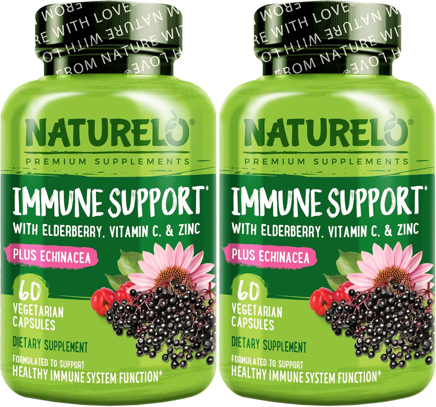 Dual Pack NATURELO Immune Support Capsules - Vitamin C, Elderberry, Zinc, Echinacea - Vegan Antioxidant, Herbal, Mineral Defense Boost - 120 Capsules
