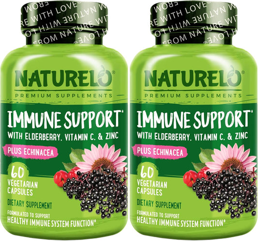 Dual Pack NATURELO Immune Support Capsules - Vitamin C, Elderberry, Zinc, Echinacea - Vegan Antioxidant, Herbal, Mineral Defense Boost - 120 Capsules