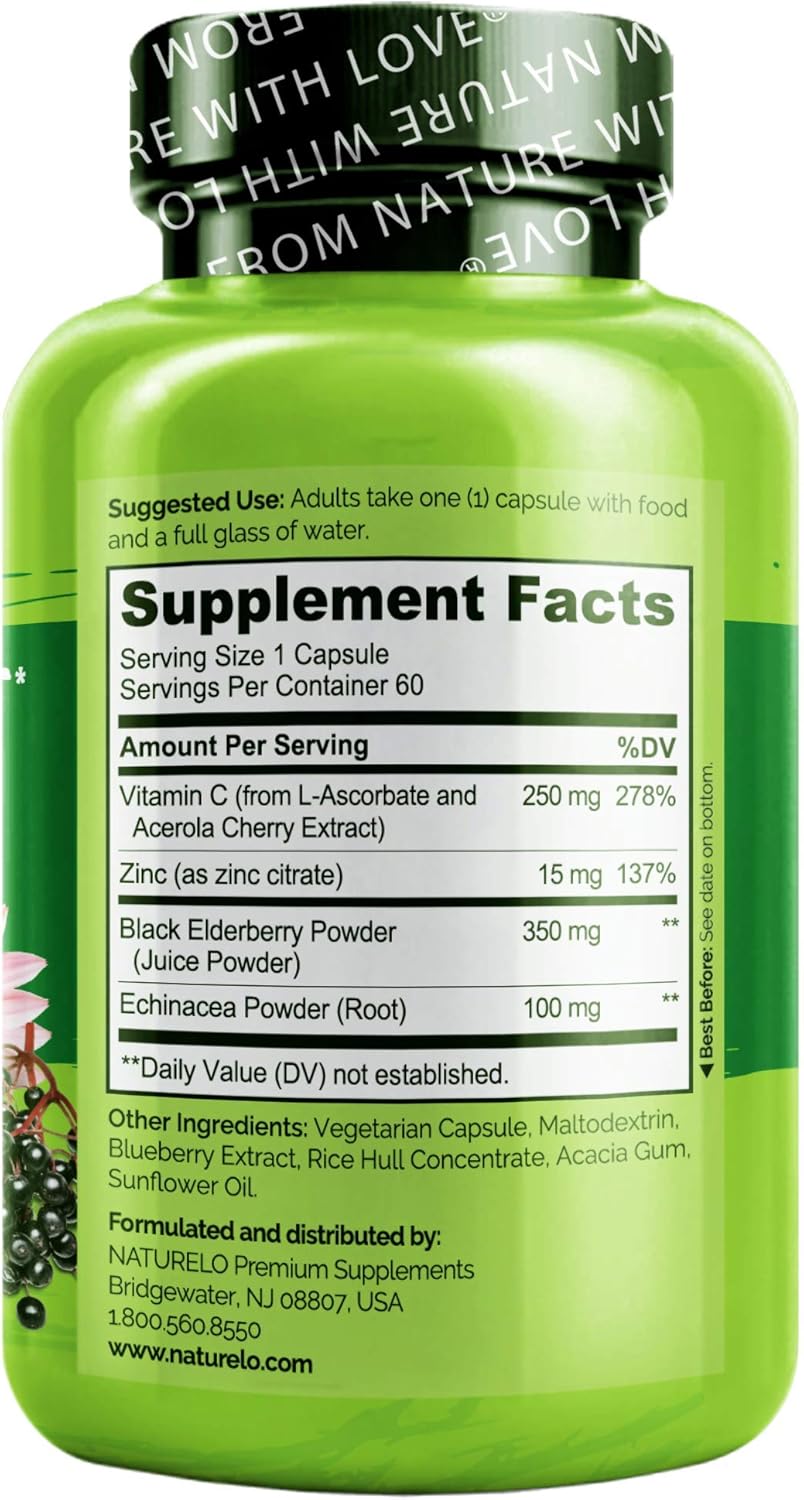 Dual Pack NATURELO Immune Support Capsules - Vitamin C, Elderberry, Zinc, Echinacea - Vegan Antioxidant, Herbal, Mineral Defense Boost - 120 Capsules