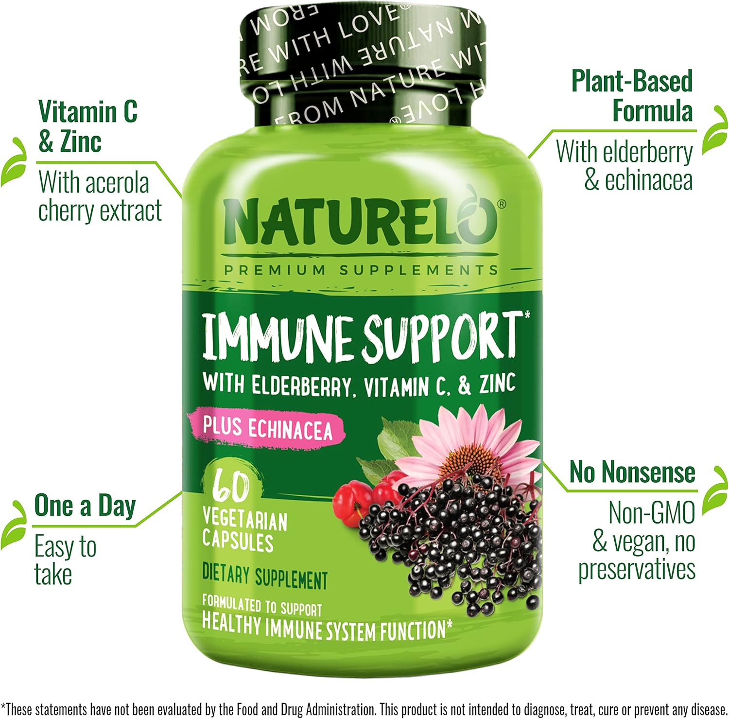 Dual Pack NATURELO Immune Support Capsules - Vitamin C, Elderberry, Zinc, Echinacea - Vegan Antioxidant, Herbal, Mineral Defense Boost - 120 Capsules