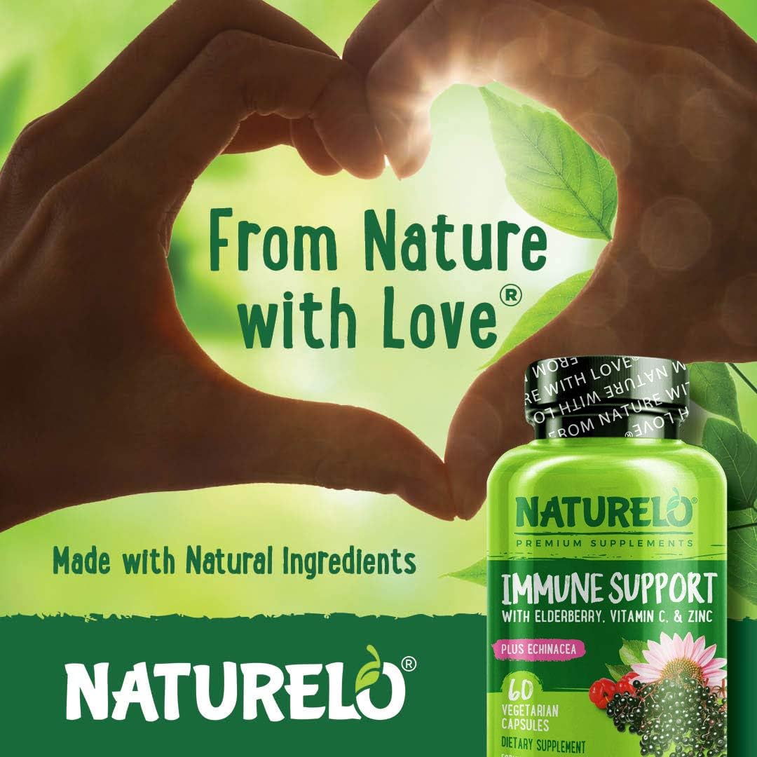 Dual Pack NATURELO Immune Support Capsules - Vitamin C, Elderberry, Zinc, Echinacea - Vegan Antioxidant, Herbal, Mineral Defense Boost - 120 Capsules