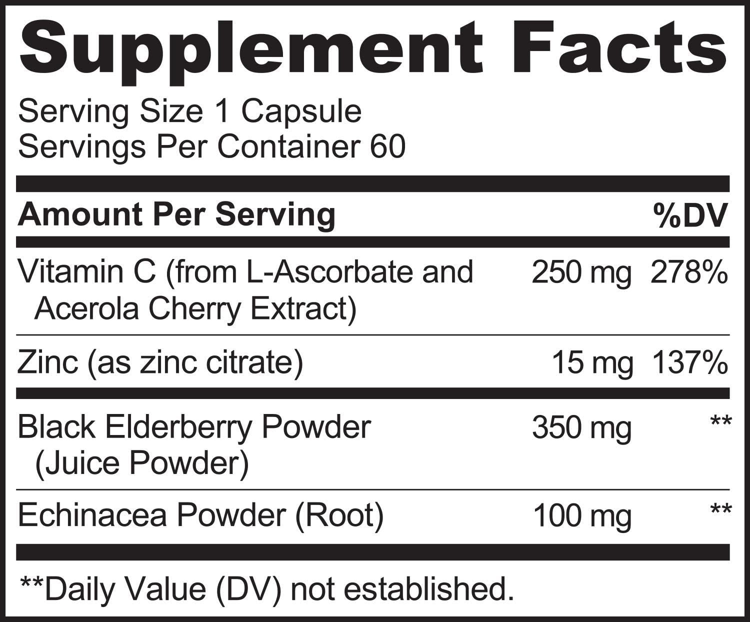 Dual Pack NATURELO Immune Support Capsules - Vitamin C, Elderberry, Zinc, Echinacea - Vegan Antioxidant, Herbal, Mineral Defense Boost - 120 Capsules