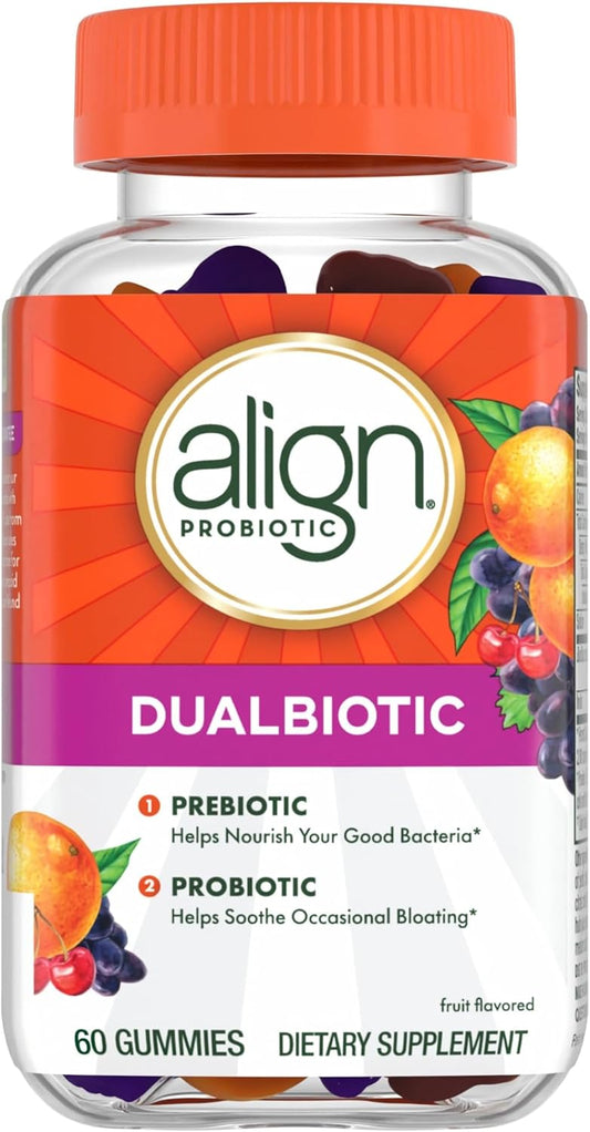 DualBiotic Prebiotic and Probiotic Gummies for Men and Women - Supports Digestive Health with Natural Fruit Flavors - 60 Count