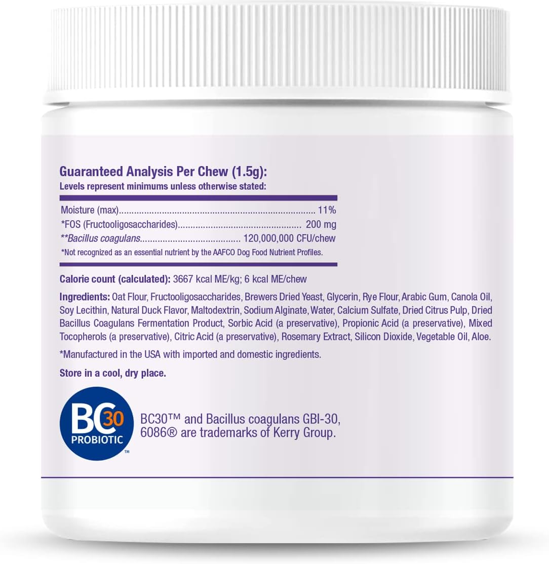 Duck Flavored Probiotic Chews for Dogs - Supports Digestive & Immune Health - Relieves Diarrhea, Constipation, Bloating - 90 Soft Chews