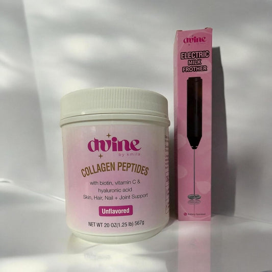 dvine by kmila Collagen Peptides Powder 28 Count with Biotin, Vitamin C & Hyaluronic Acid for Skin, Hair, Nail & Joint Support + Free Milk Frother
