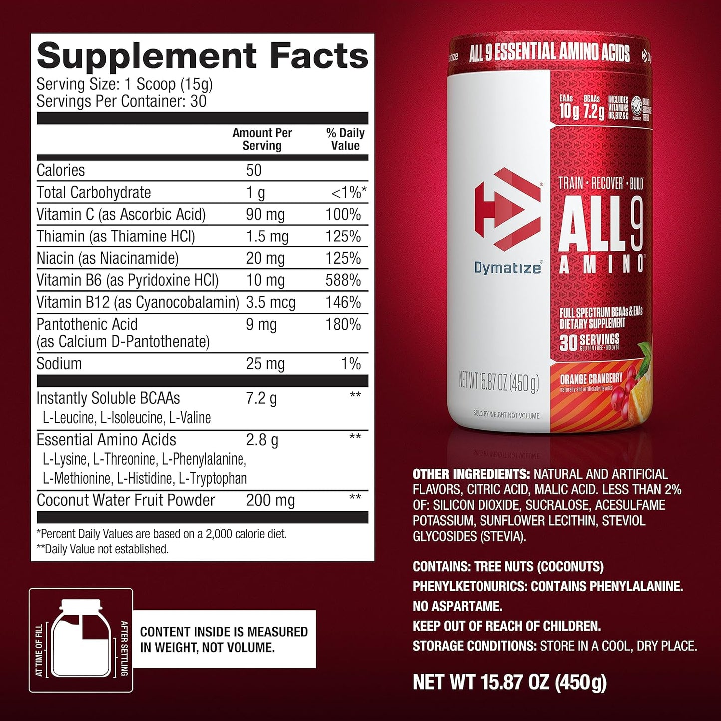 Dymatize All9 Amino Orange Cranberry: 30 Servings, 7.2g BCAAs, 10g Essential Amino Acids, Muscle Recovery