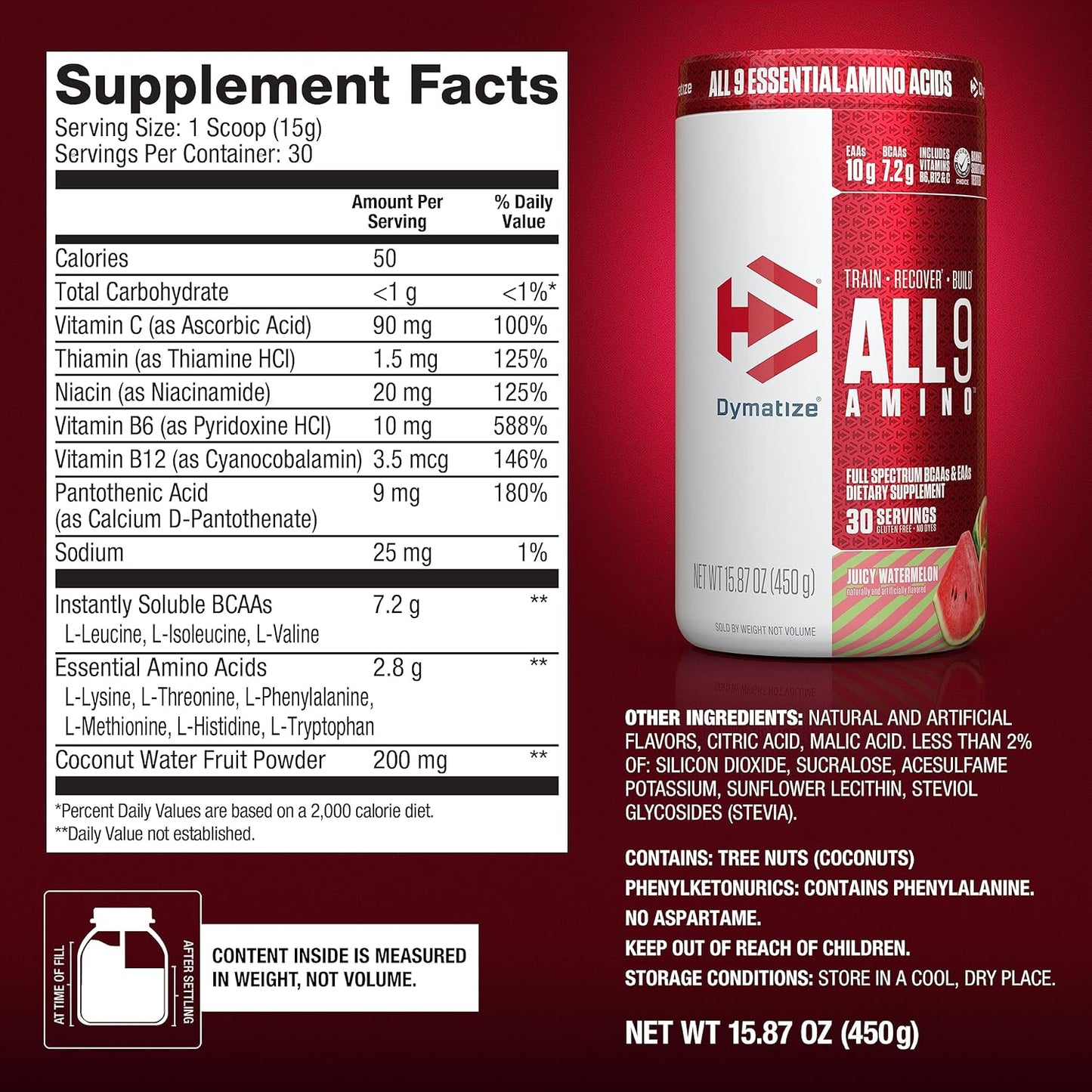 Dymatize All9 Amino Watermelon Flavor: 7.2g BCAAs, 10g EAAs, 30 Servings, 15.87oz