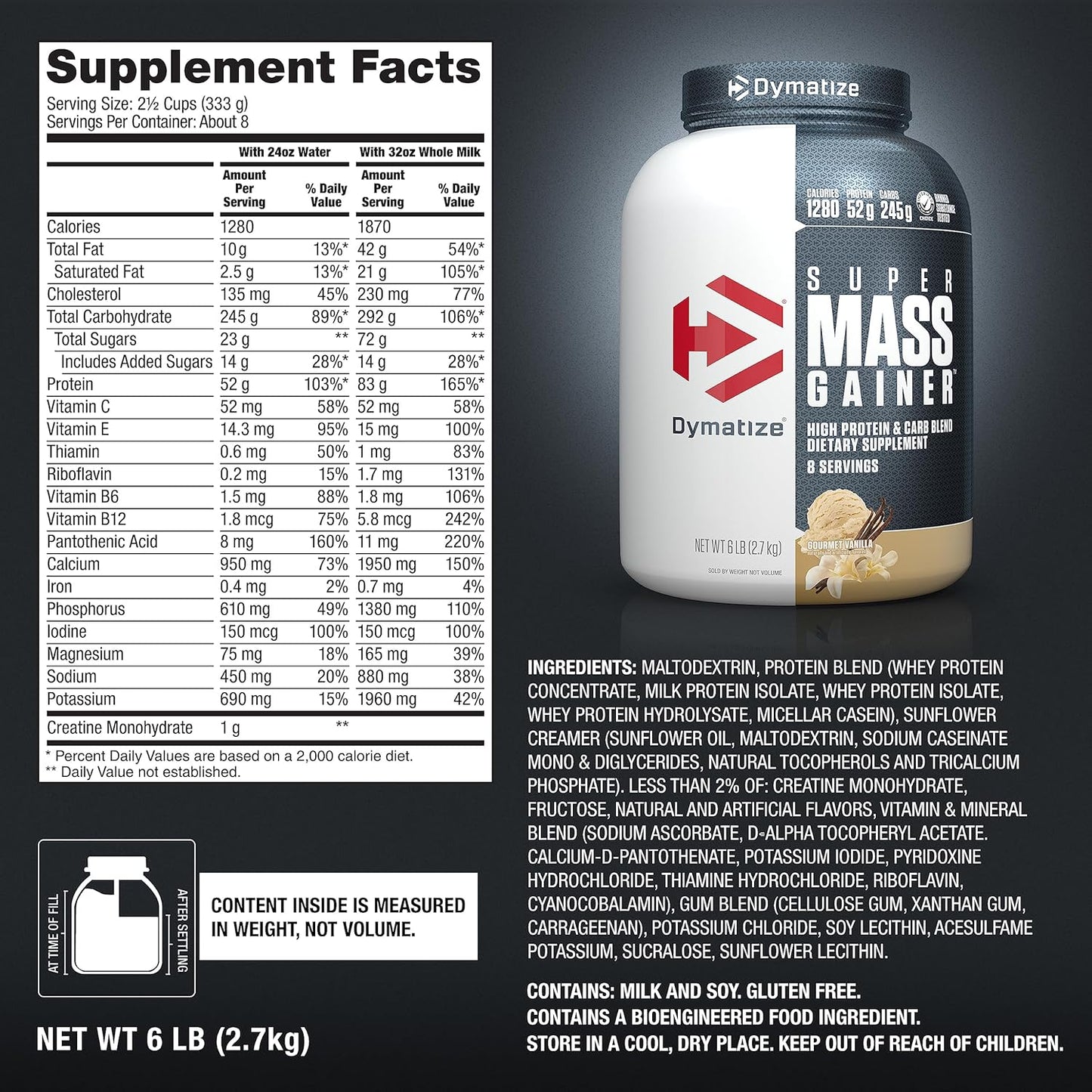 Dymatize Super Mass Gainer Protein Powder, 1280 Calories, 52g Protein, 10.7g BCAAs, Delicious Vanilla Flavor, 6lb Pack - Build Strength and Size Rapidly