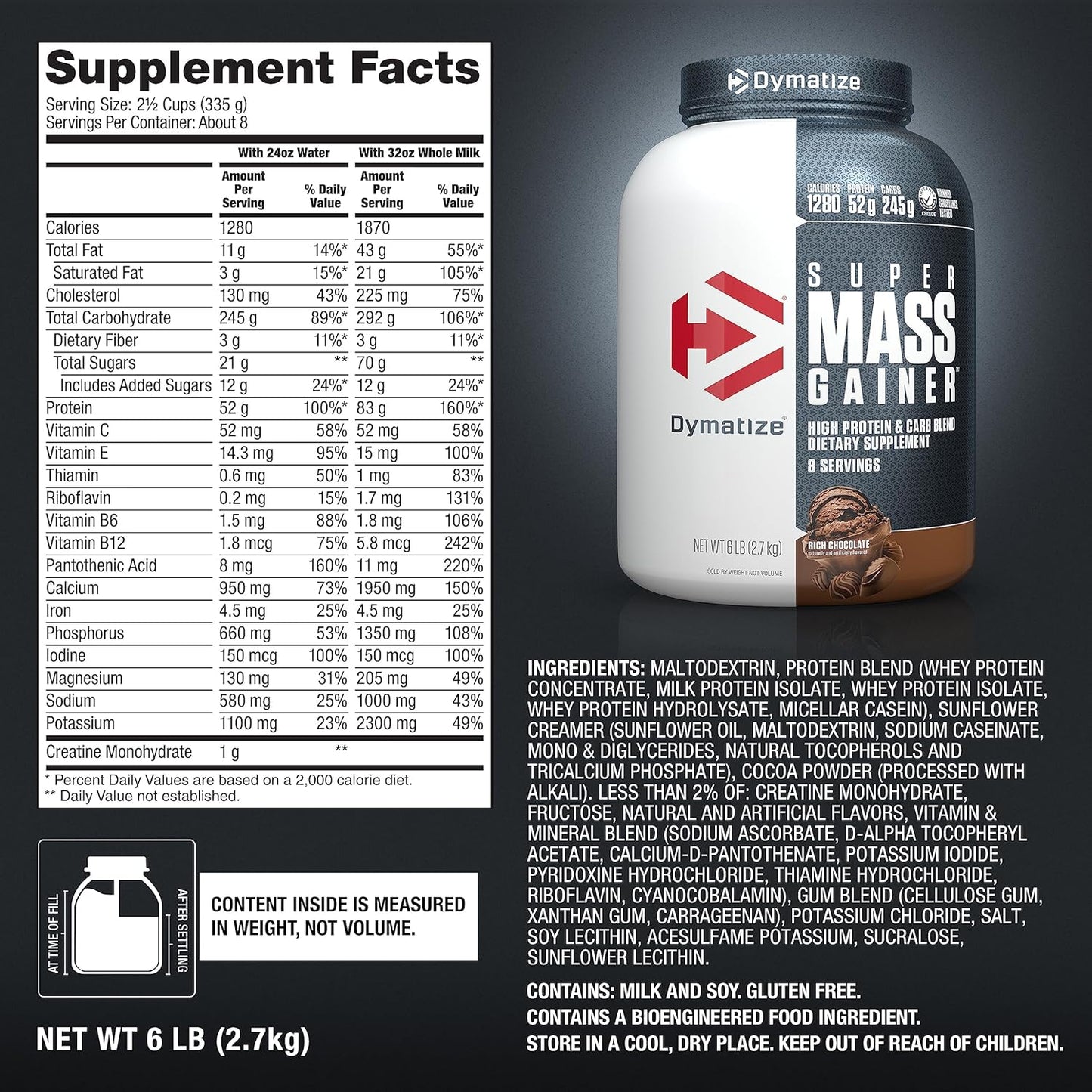 Dymatize Super Mass Gainer Protein Powder, Rich Chocolate Flavor, 6 lbs - High Calorie & Protein, Easy Mixing, Delicious Taste