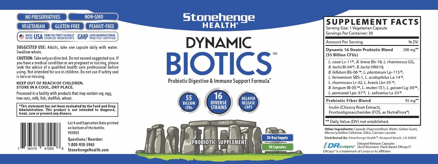 Dynamic Biotics Probiotic Supplement - 55 Billion CFU, 16 Strains, Prebiotic, Shelf Stable, Non-GMO Veggie Capsule