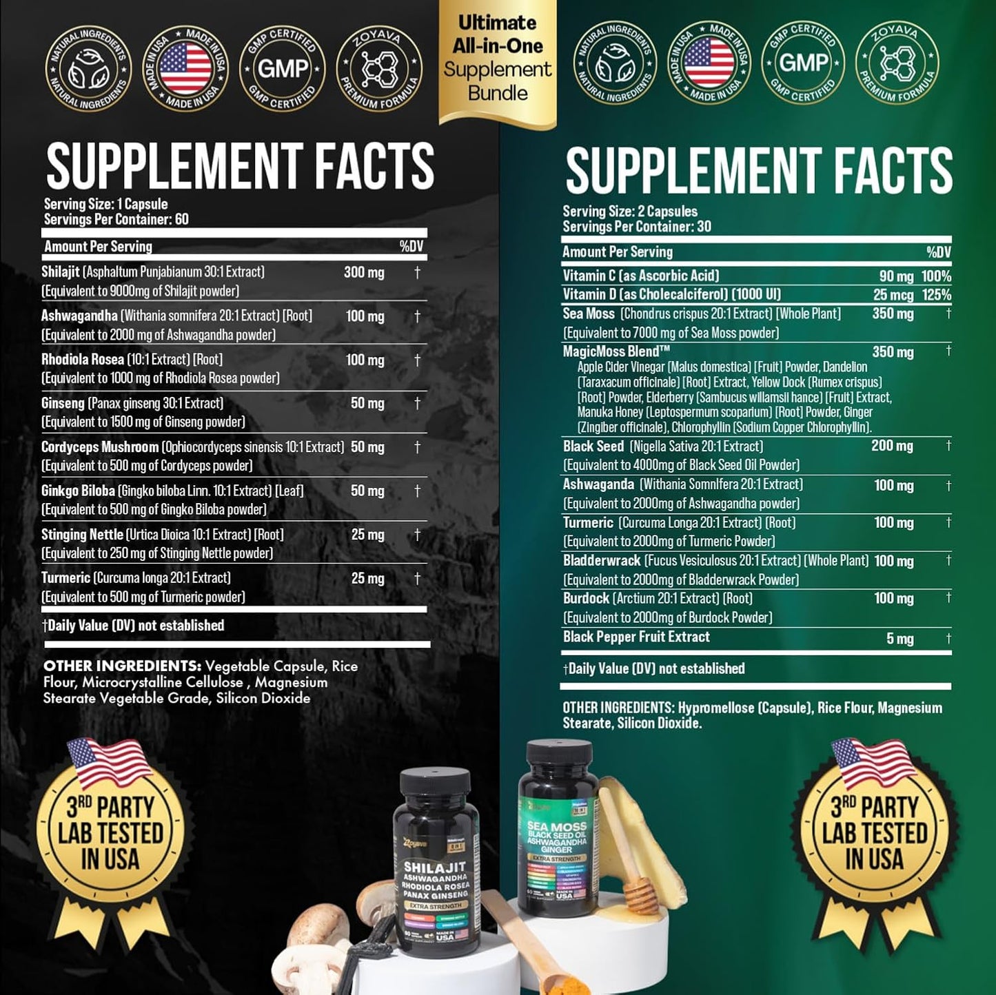 Dynamic Vitality Bundle - Sea Moss, Black Seed Oil, Ashwagandha, Ginger, Shilajit, Rhodiola Rosea, Panax Ginseng - 60 Count - High Potency Supplements
