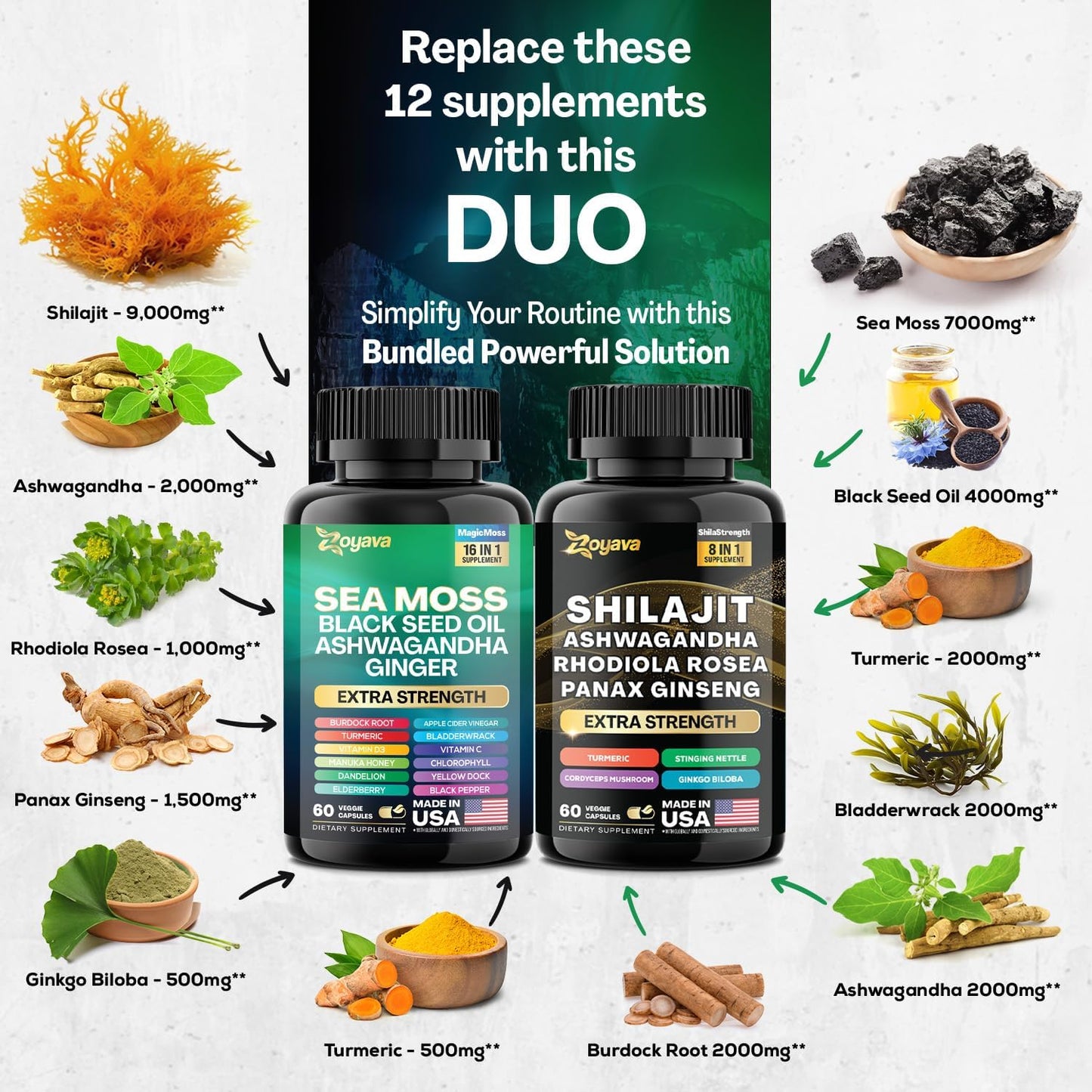 Dynamic Vitality Bundle - Sea Moss, Black Seed Oil, Ashwagandha, Ginger, Shilajit, Rhodiola Rosea, Panax Ginseng - 60 Count - High Potency Supplements
