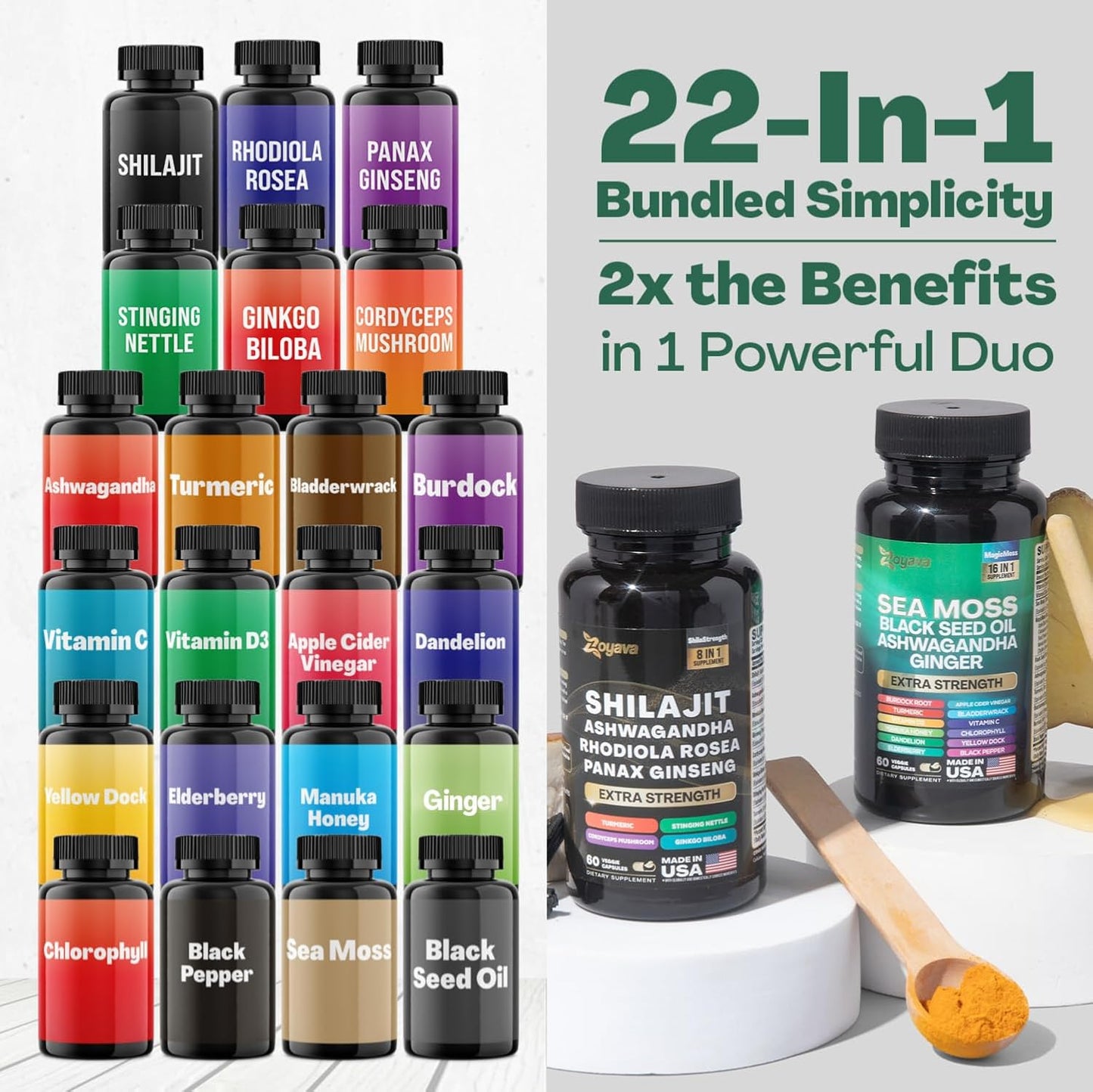 Dynamic Vitality Bundle - Sea Moss, Black Seed Oil, Ashwagandha, Ginger, Shilajit, Rhodiola Rosea, Panax Ginseng - 60 Count - High Potency Supplements