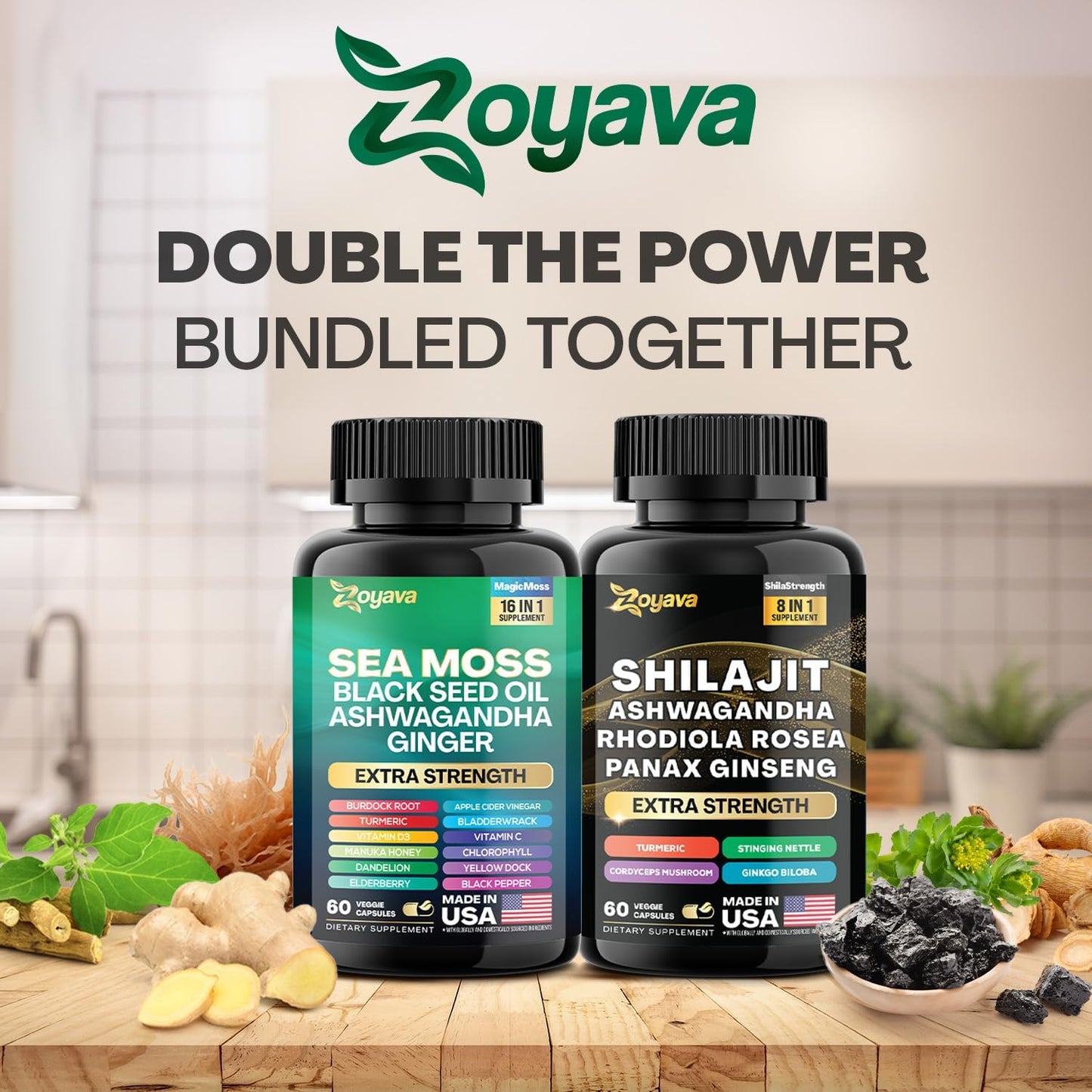 Dynamic Vitality Bundle - Sea Moss, Black Seed Oil, Ashwagandha, Ginger, Shilajit, Rhodiola Rosea, Panax Ginseng - 60 Count - High Potency Supplements