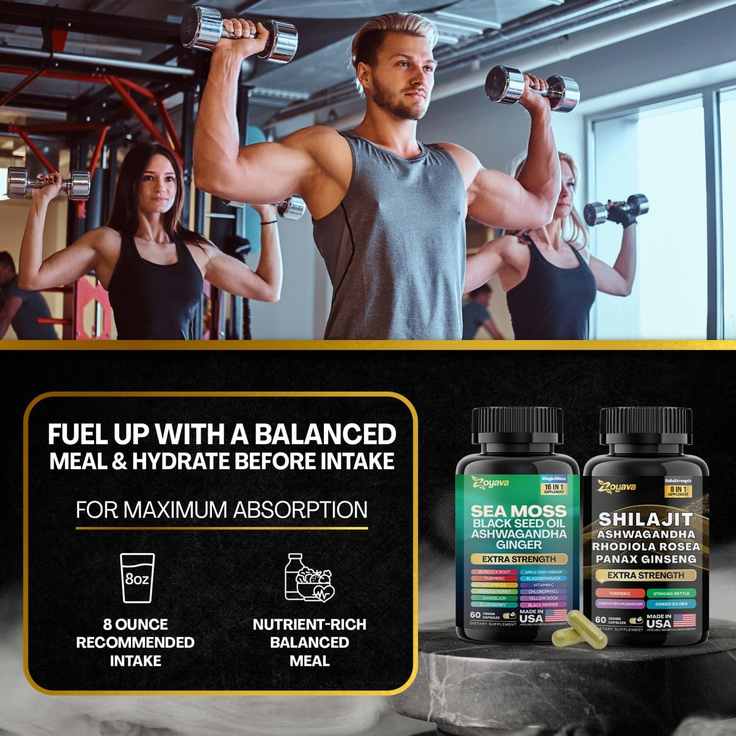 Dynamic Vitality Bundle - Sea Moss, Black Seed Oil, Ashwagandha, Ginger, Shilajit, Rhodiola Rosea, Panax Ginseng - 60 Count - High Potency Supplements