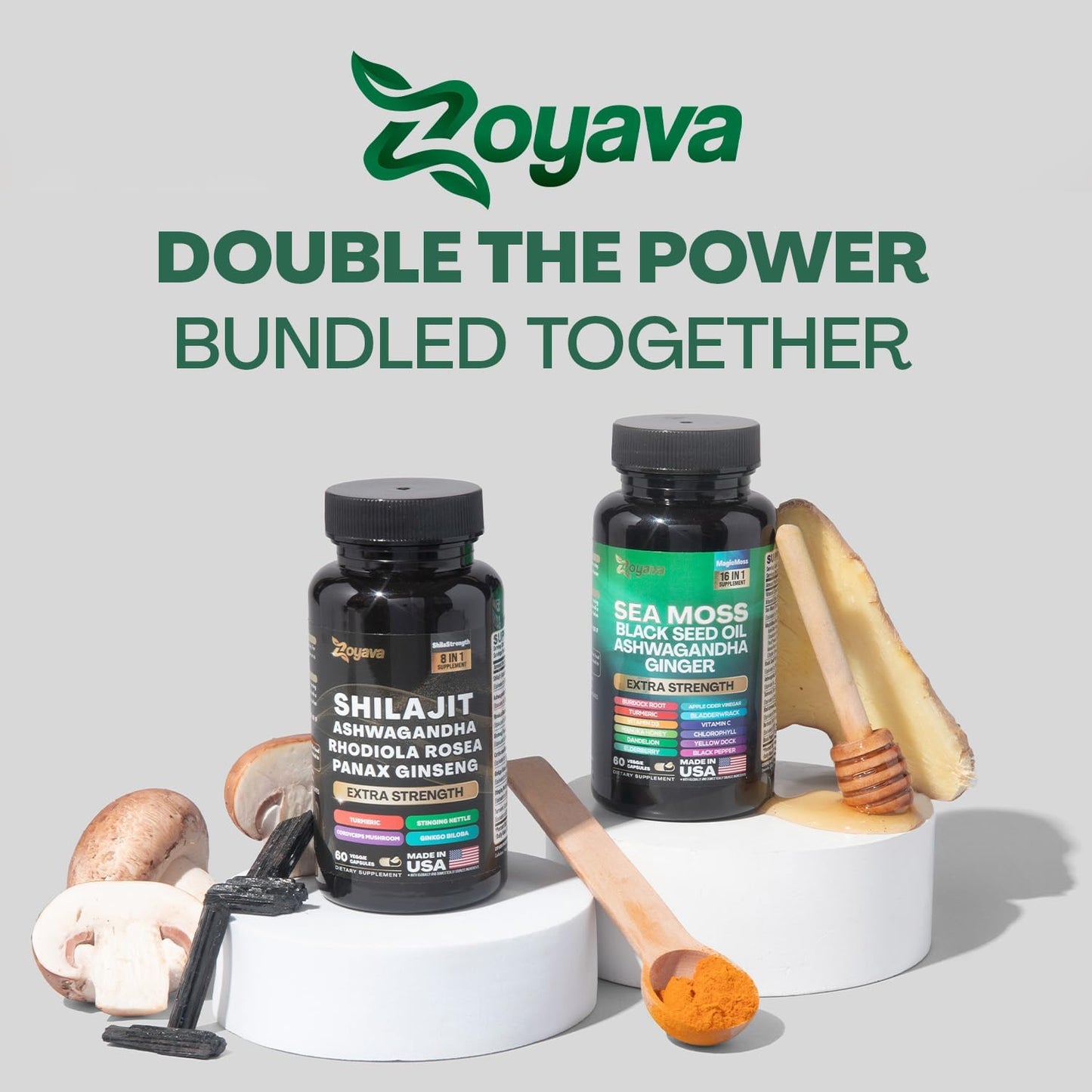 Dynamic Vitality Bundle - Sea Moss, Black Seed Oil, Ashwagandha, Ginger, Shilajit, Rhodiola Rosea, Panax Ginseng - 60 Count - High Potency Supplements