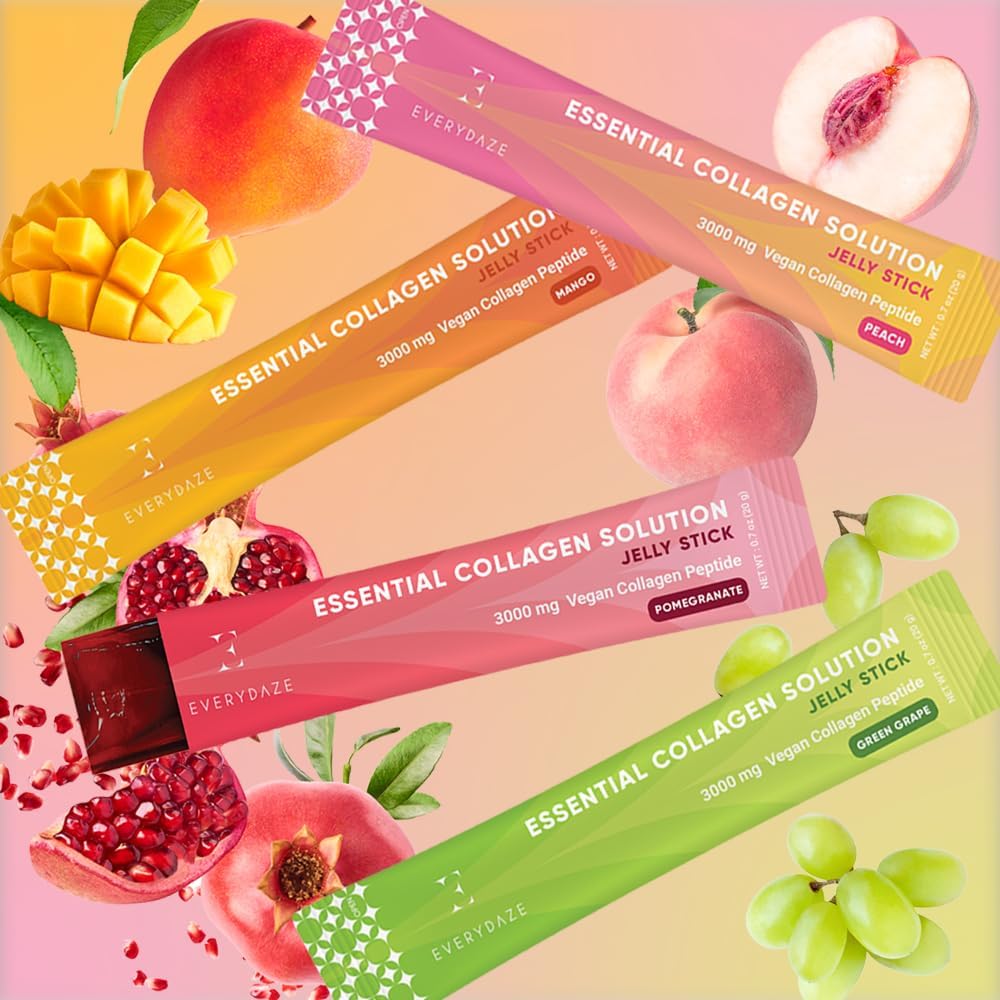 E EVERYDAZE Essential Collagen Jelly Stick Variety Pack - Vegan Supplement for Hair, Skin, Nails, and Bones - Peach, Mango, Green Grape, Pomegranate - 40 Sticks