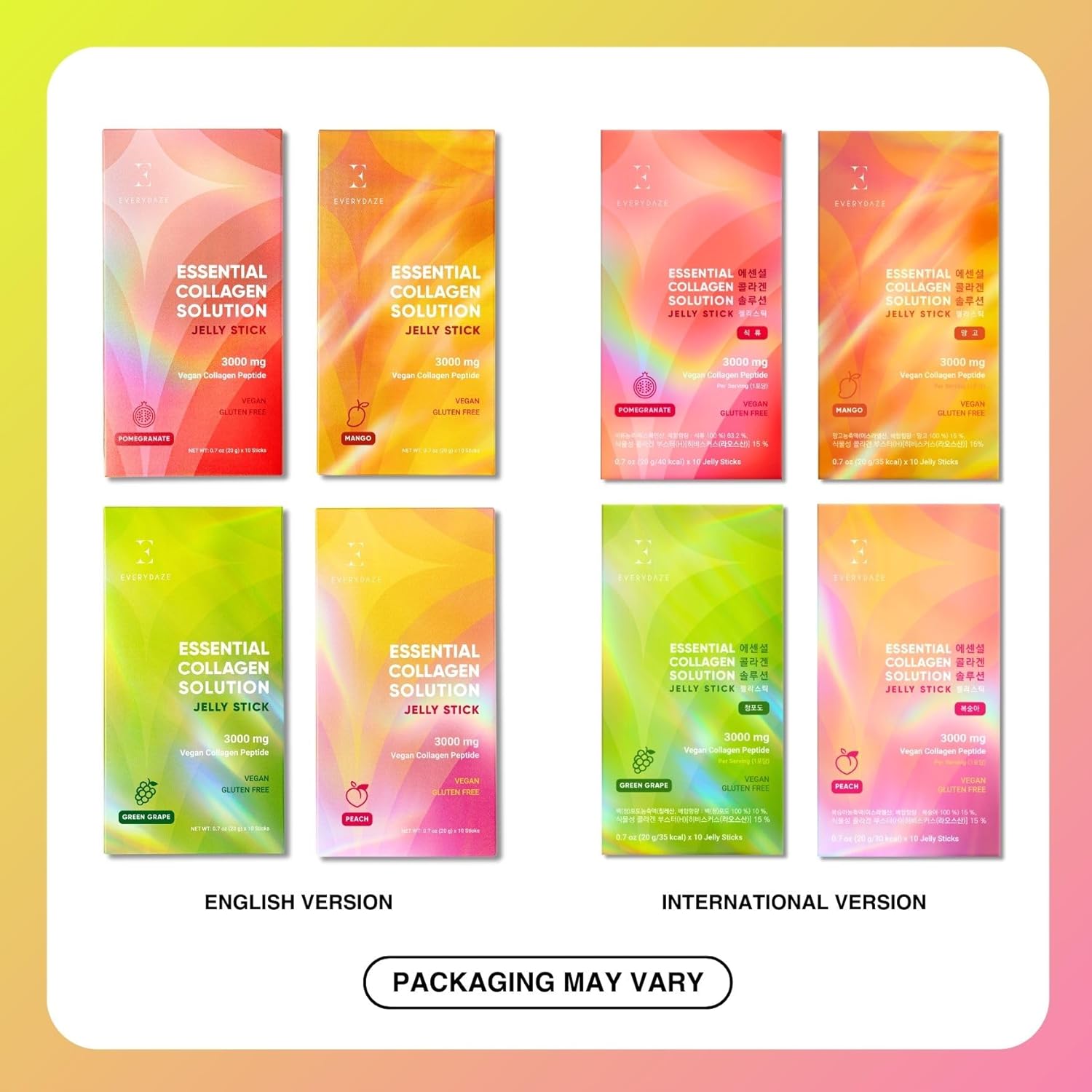 E EVERYDAZE Essential Collagen Jelly Stick Variety Pack - Vegan Supplement for Hair, Skin, Nails, and Bones - Peach, Mango, Green Grape, Pomegranate - 40 Sticks