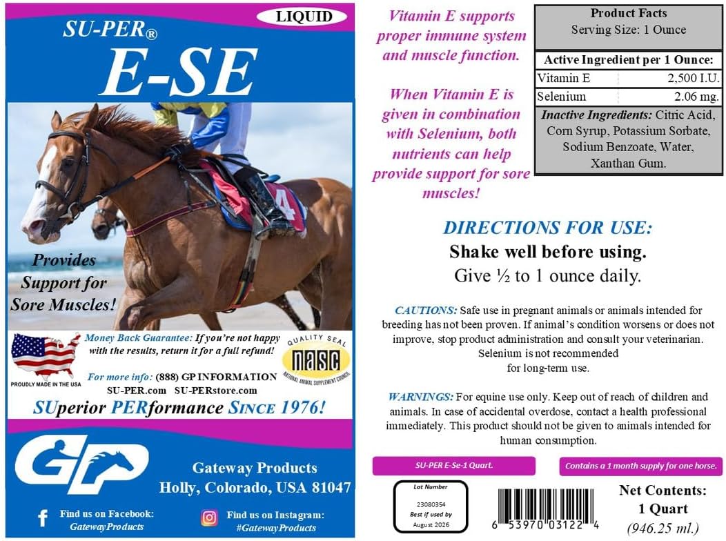 E-Se Horse Antioxidant Supplement - Supports Sore Muscles with Vitamin E & Selenium - 1 Quart Supply