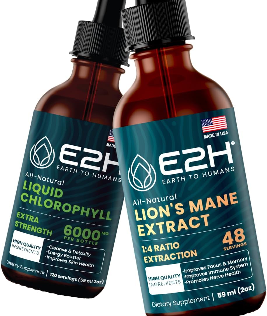 E2H Liquid Chlorophyll and Lion's Mane Mushroom Bundle - Vegan, Non-GMO - 4 Fl Oz Total