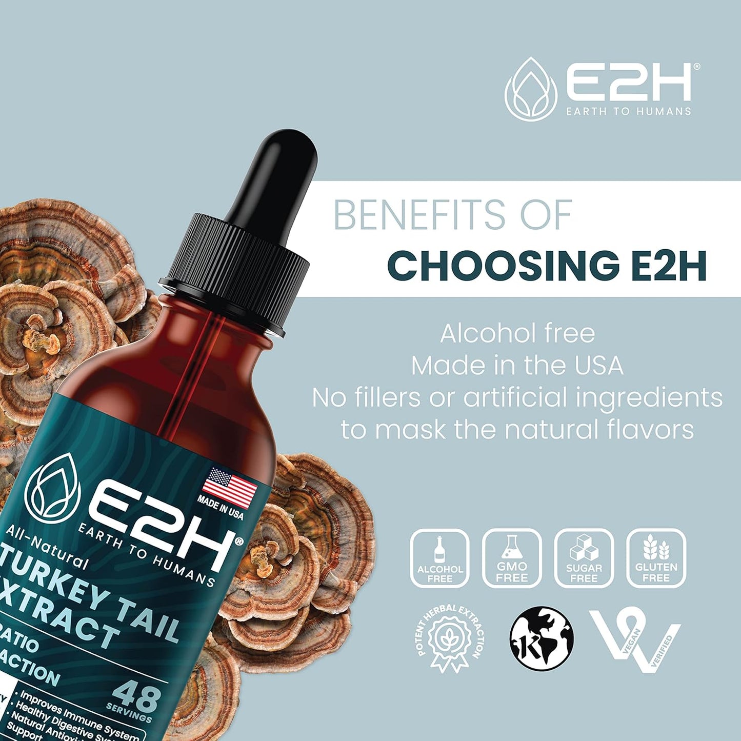E2H Turkey Tail Mushroom Extract - Immune & Digestive Support Supplement - Non-GMO, Vegan - Pack of 3