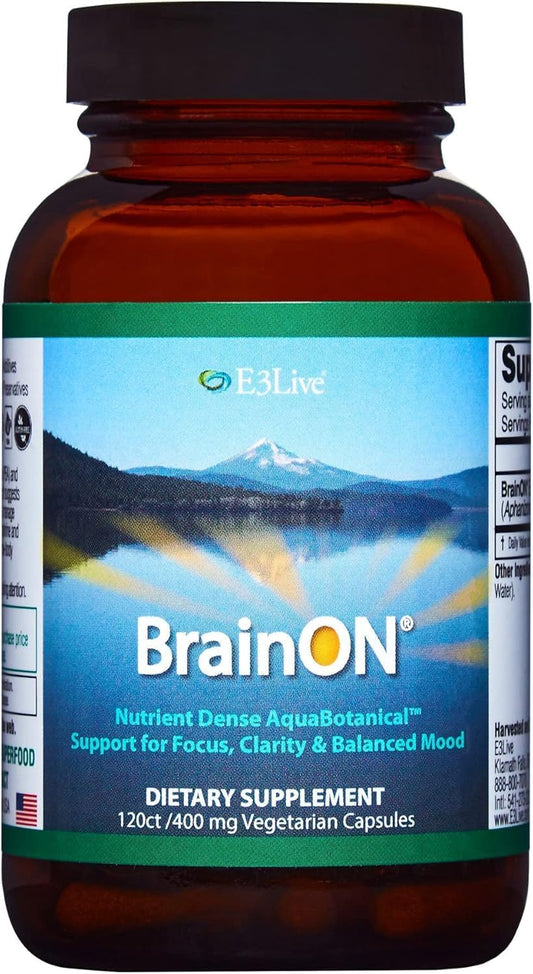 E3LIVE BrainON - 120 Count Mood Balance & Focus Wild-Harvested AFA Extract