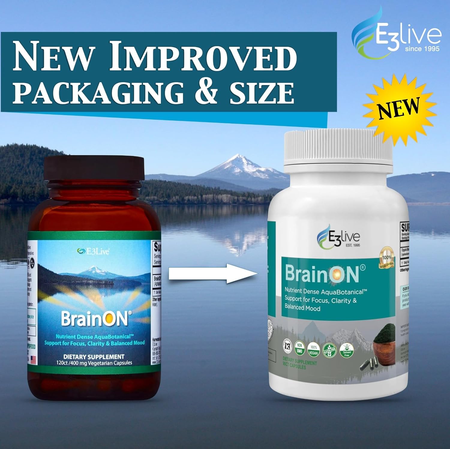 E3LIVE BrainON - 120 Count Mood Balance & Focus Wild-Harvested AFA Extract