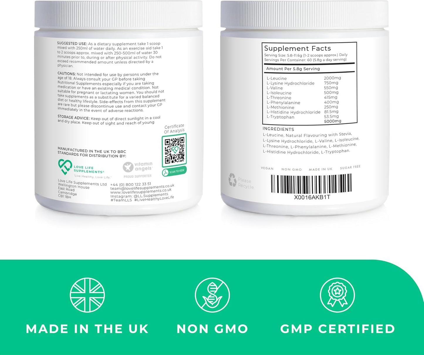 EAA Amino Acids Powder with BCAA's and Leucine, Apple & Kiwi Flavour - 348g (60 Servings)