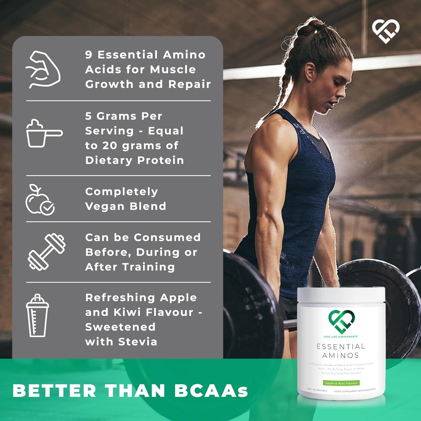EAA Amino Acids Powder with BCAA's and Leucine, Apple & Kiwi Flavour - 348g (60 Servings)