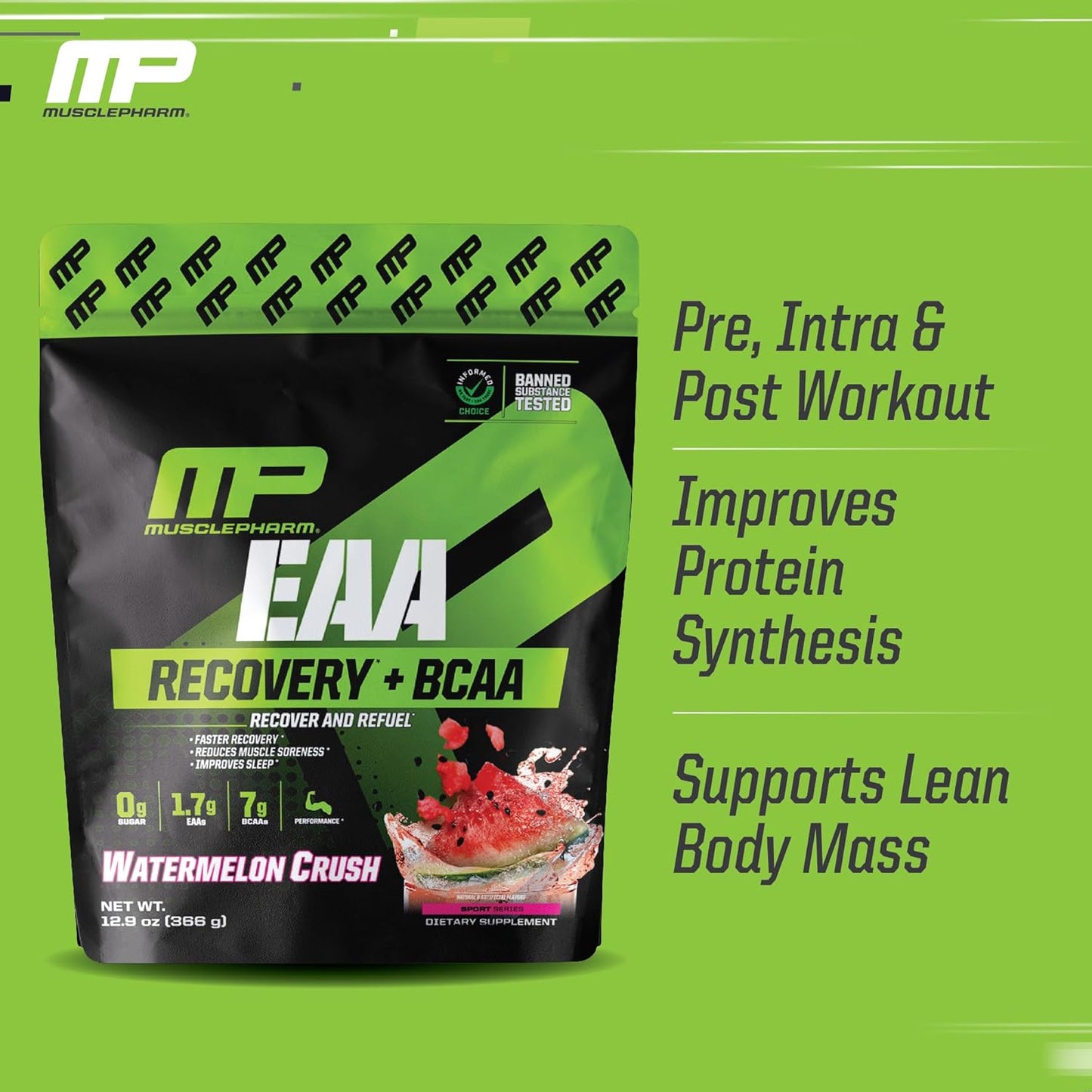 EAA Recovery + BCAAs Powder for Post Workout, Energy Supplement with BCAAs for Men & Women, Watermelon Flavor - 30 Servings