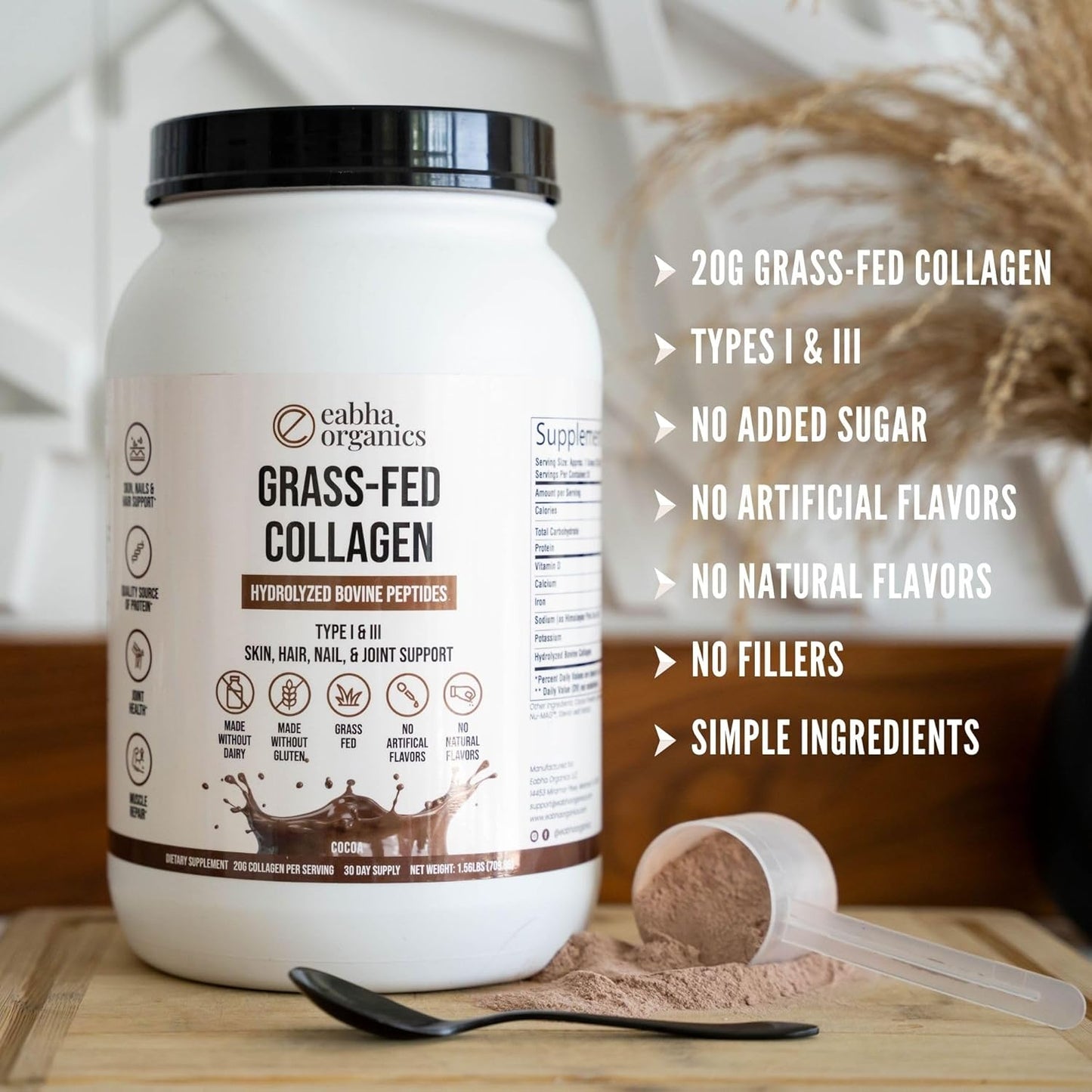 Eabha Organics Grass-Fed Chocolate Collagen: Types I & III - Promotes Healthy Skin, Hair, Nails, Joints - Muscle Recovery - 30 Day Supply - 18g Protein/serving