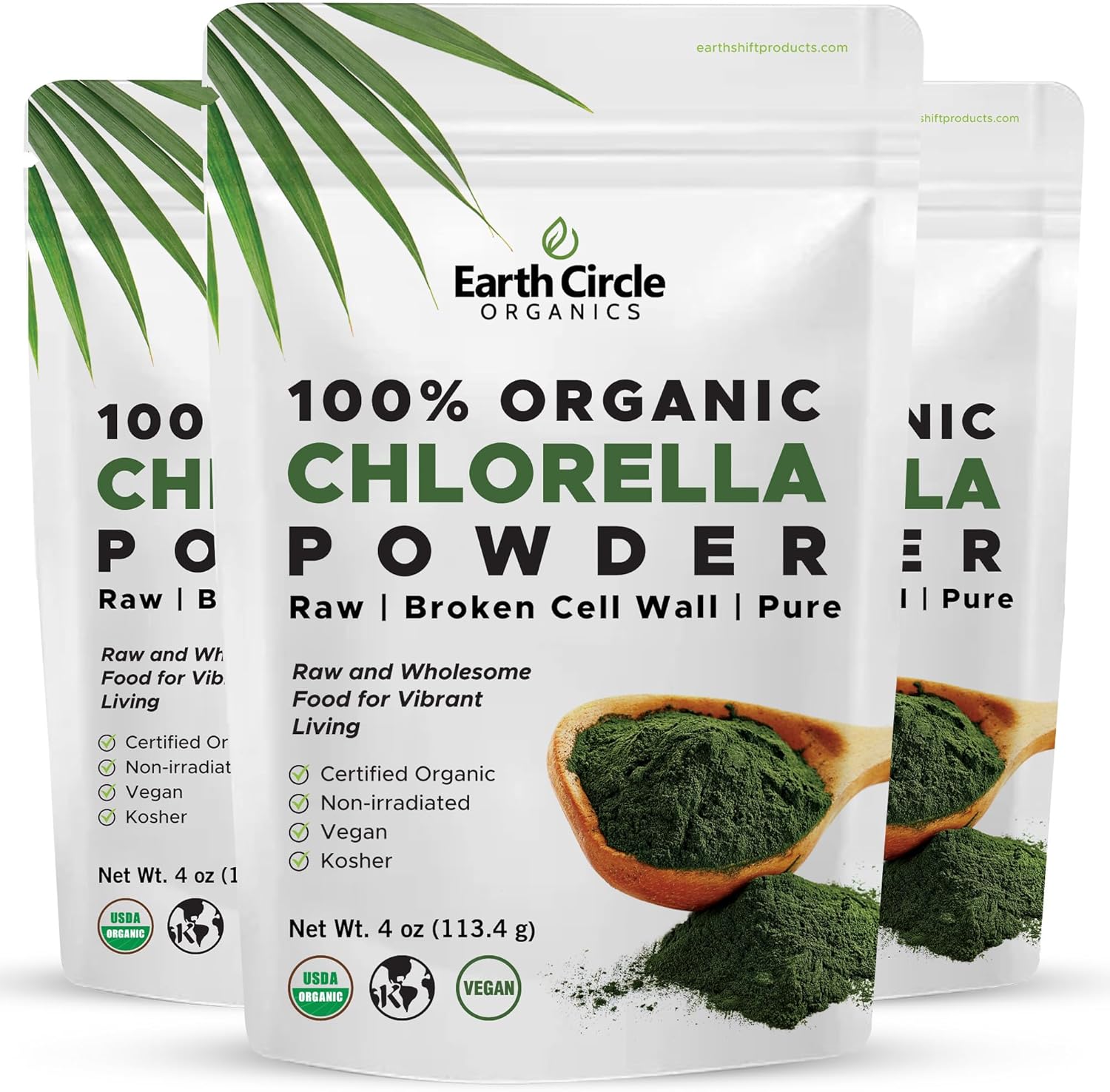 Earth Circle Organics Chlorella Powder 4oz (3 Pack) - Organic Broken Cell Wall Green Algae with High Protein & Amino Acids