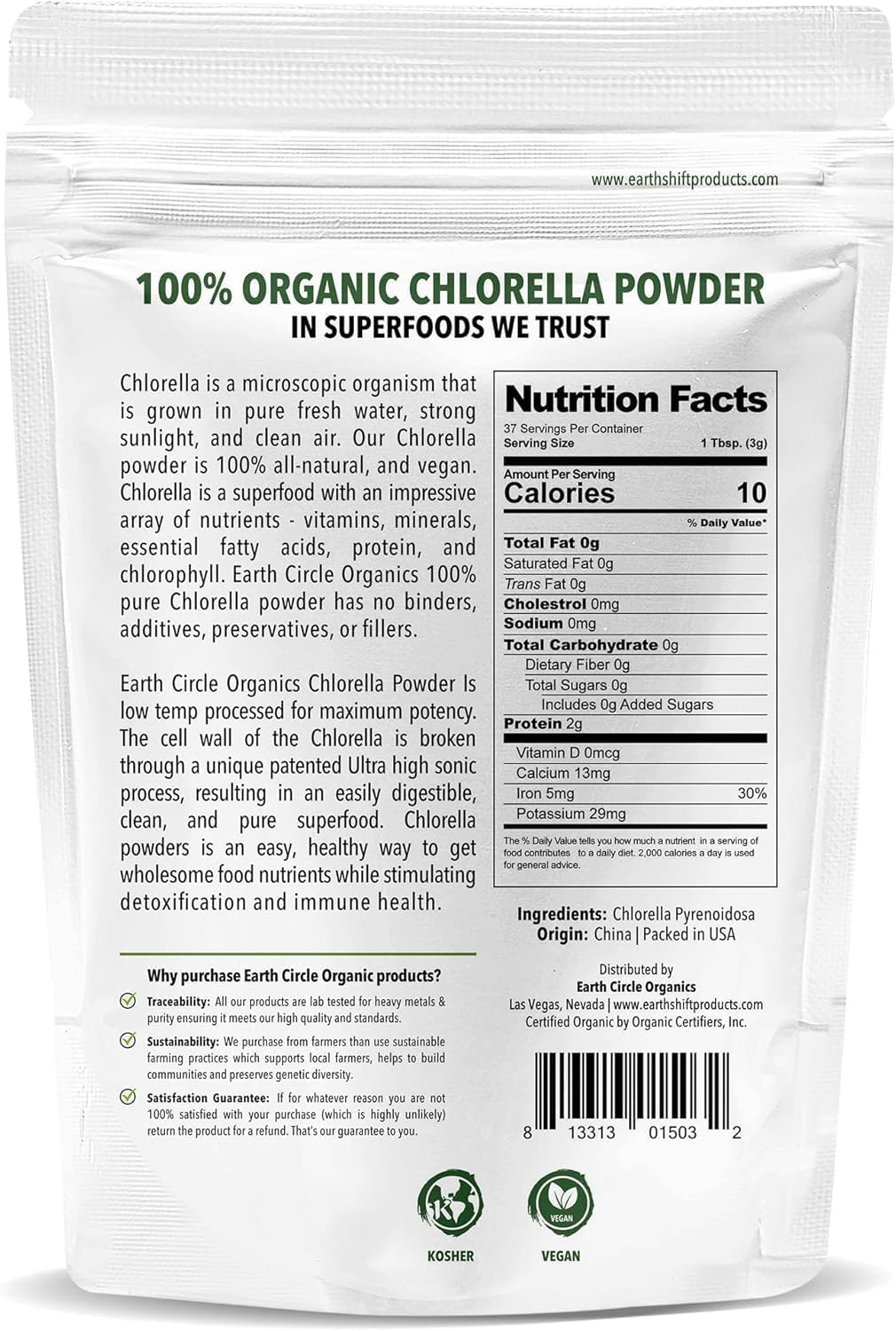 Earth Circle Organics Chlorella Powder 4oz (3 Pack) - Organic Broken Cell Wall Green Algae with High Protein & Amino Acids