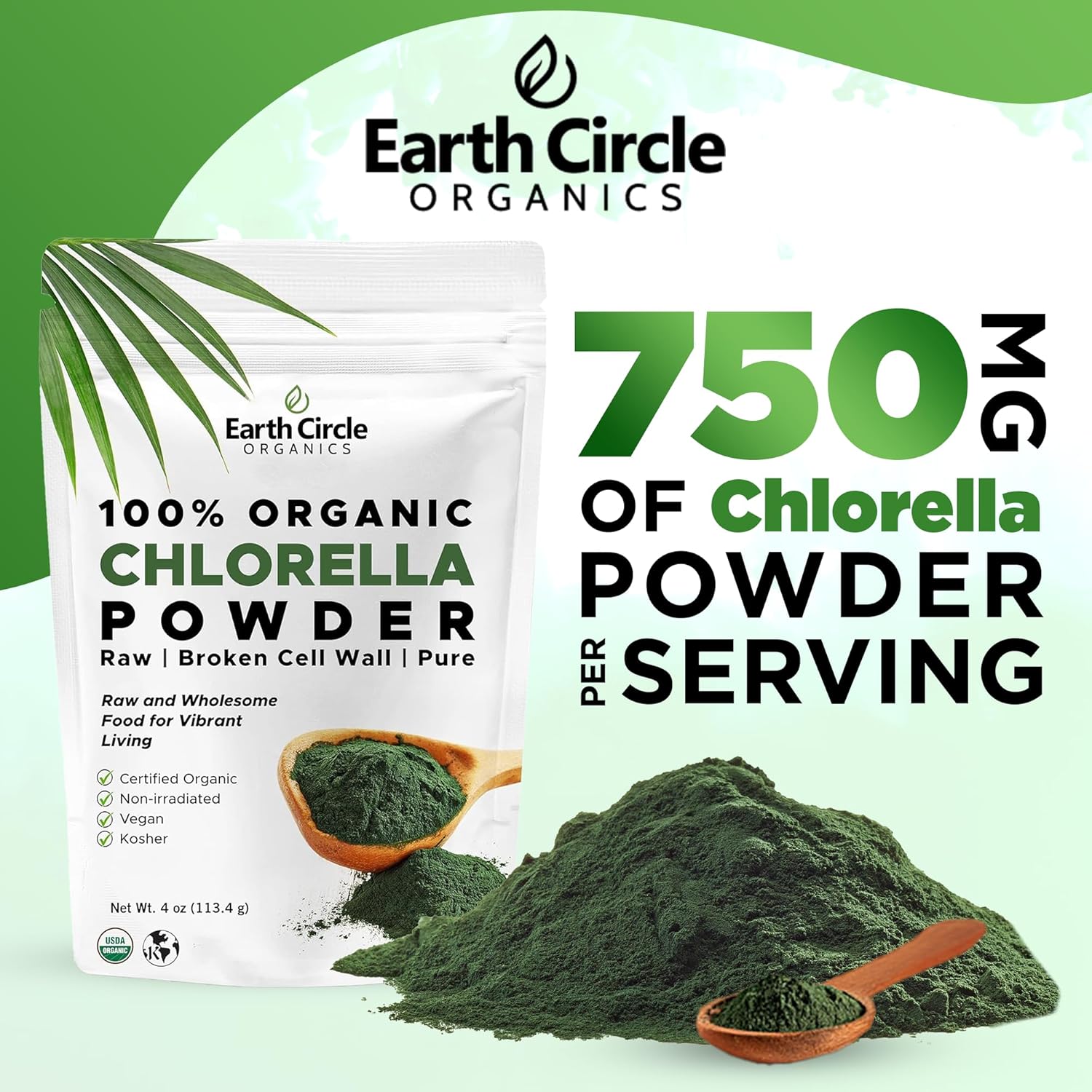 Earth Circle Organics Chlorella Powder 4oz (3 Pack) - Organic Broken Cell Wall Green Algae with High Protein & Amino Acids